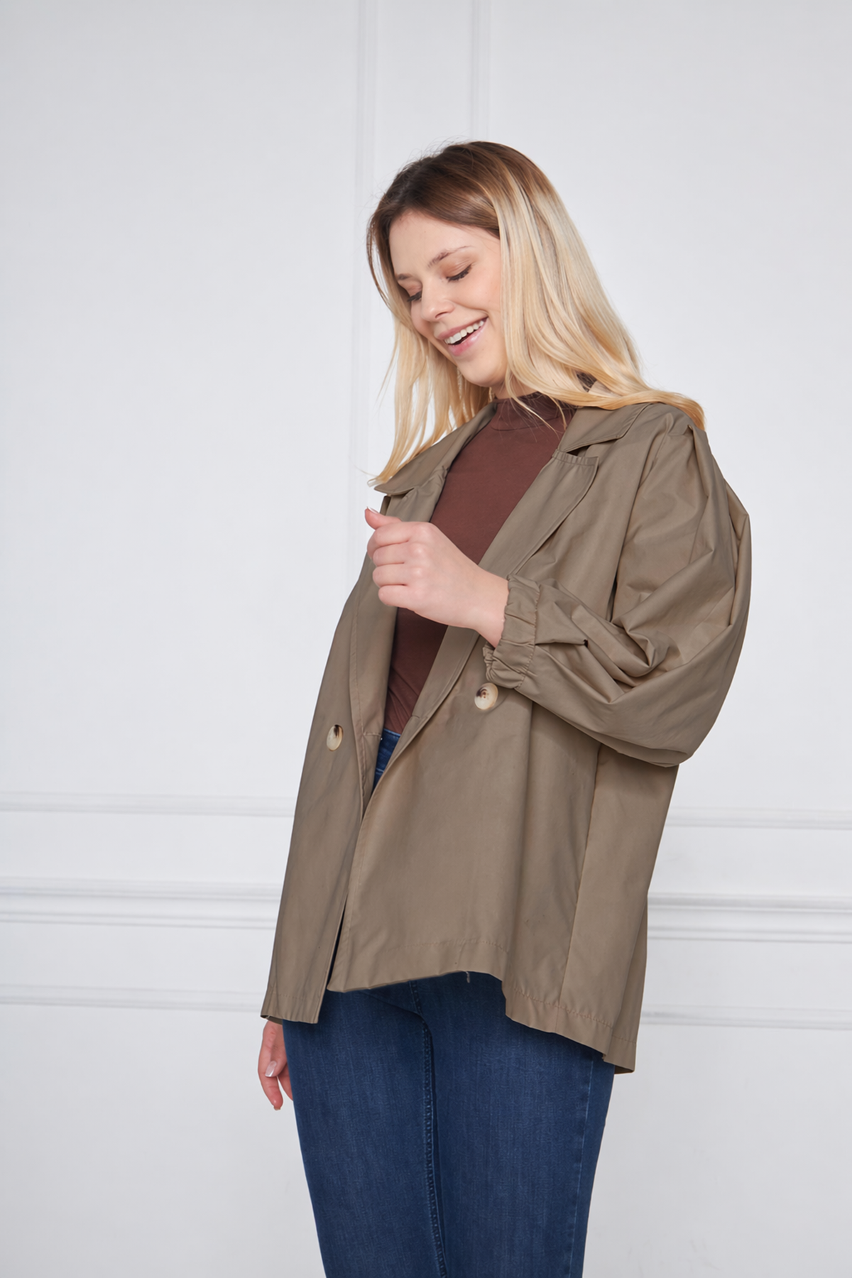 Kadın A KALİTE Astarlı Su İtici Basic Kısa Trençkot