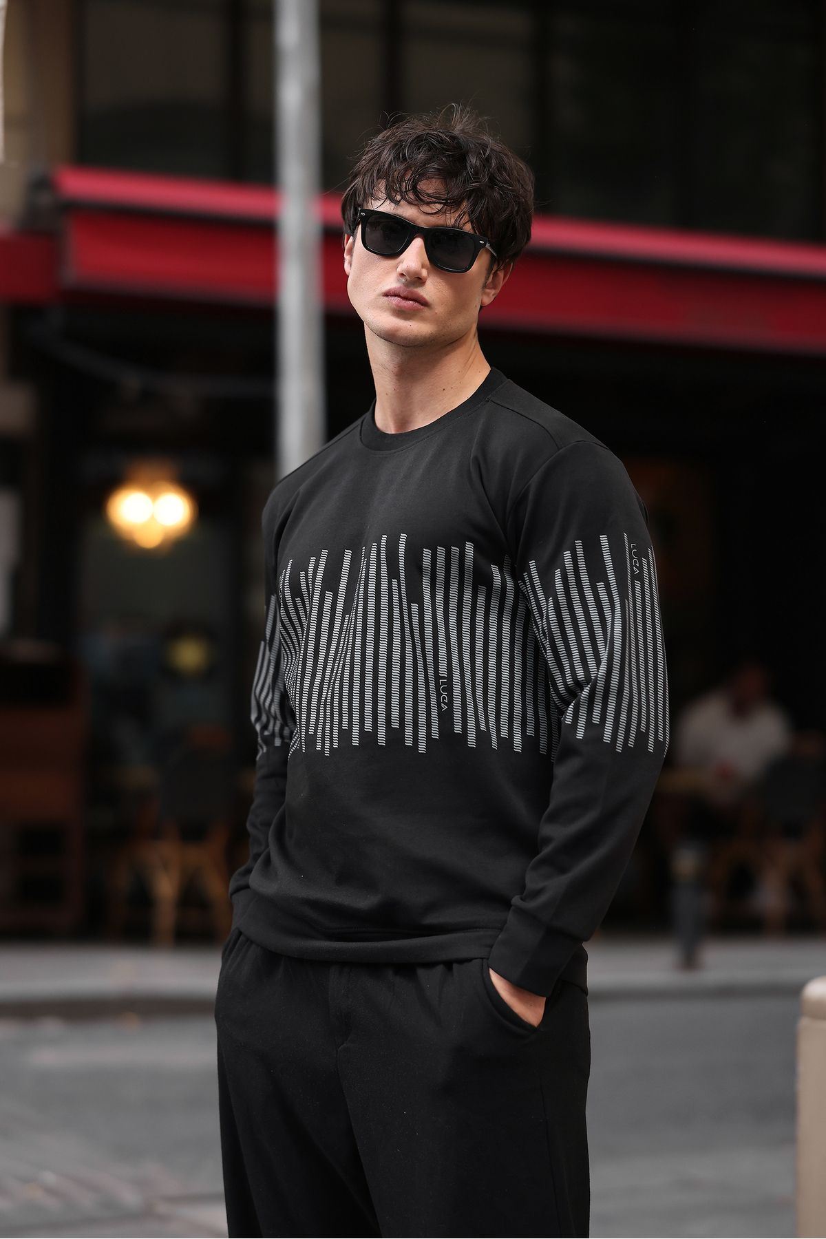 Erkek Bisiklet Yaka Baskılı Sweatshirt