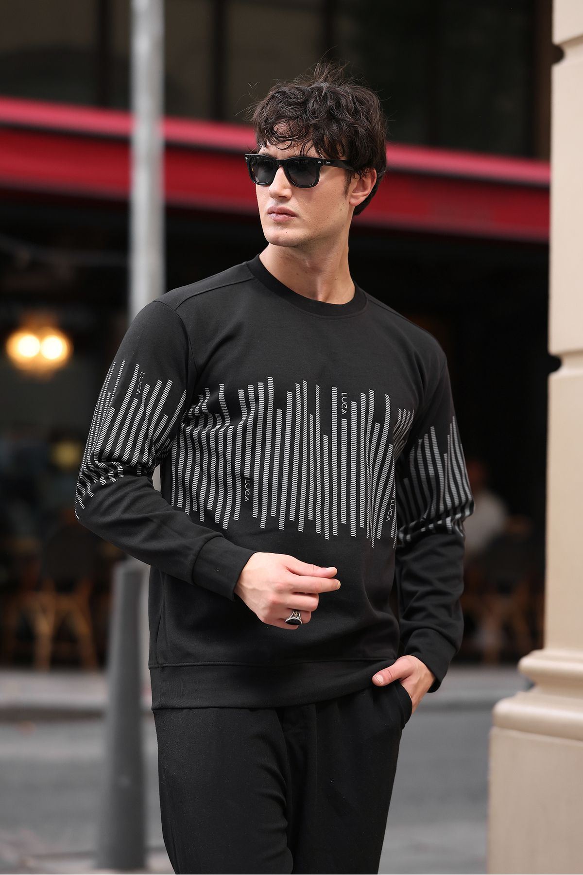 Erkek Bisiklet Yaka Baskılı Sweatshirt