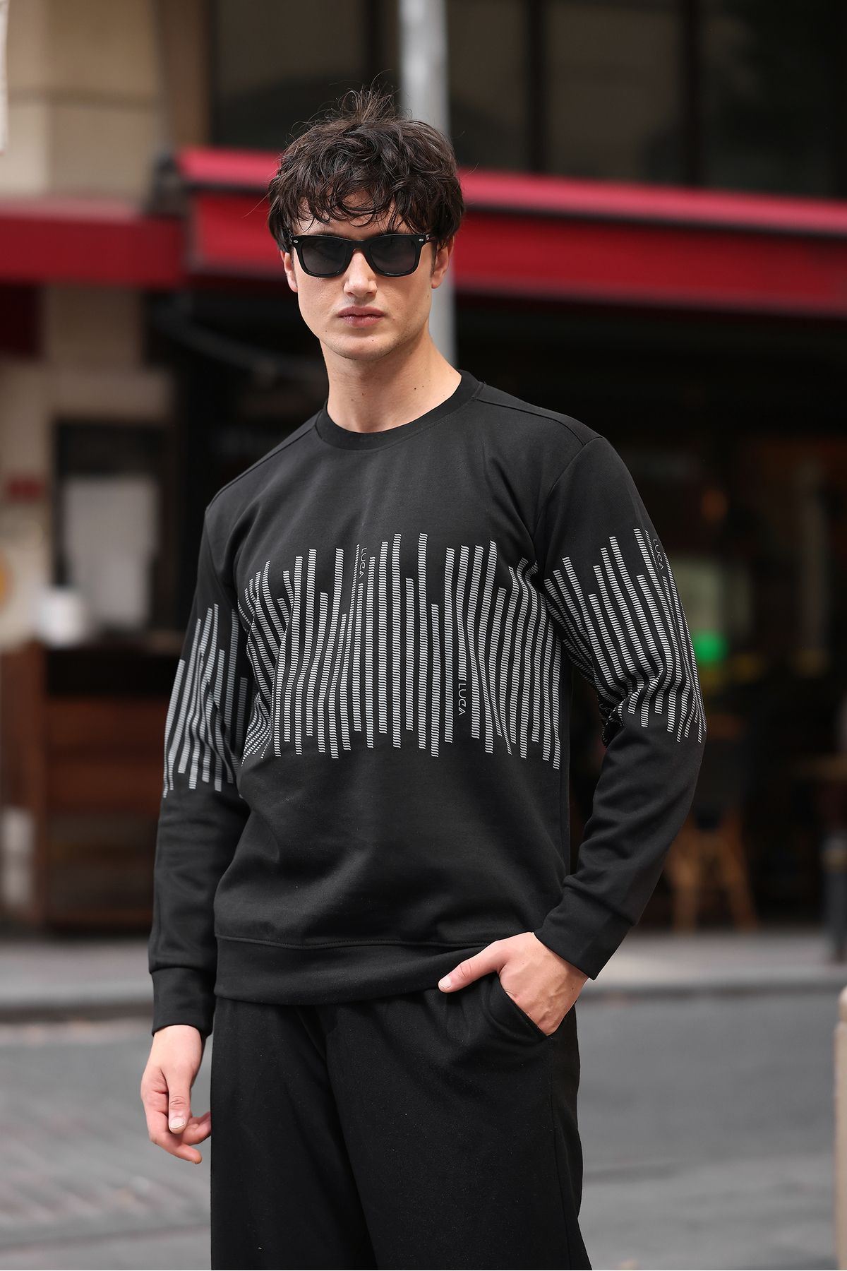 Erkek Bisiklet Yaka Baskılı Sweatshirt