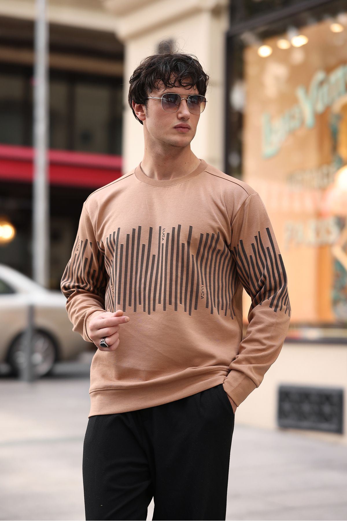 Erkek Bisiklet Yaka Baskılı Sweatshirt