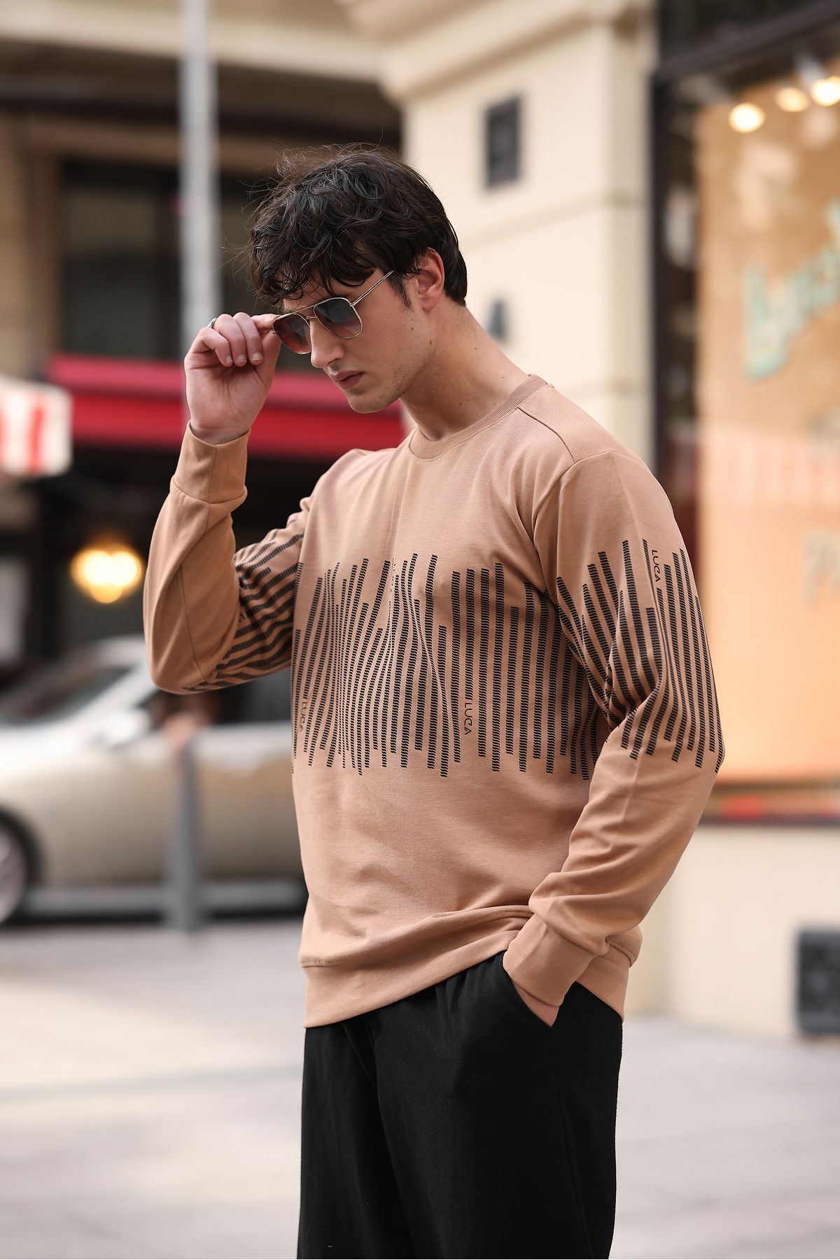 Erkek Bisiklet Yaka Baskılı Sweatshirt