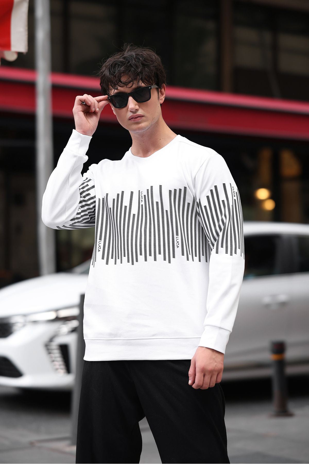 Erkek Bisiklet Yaka Baskılı Sweatshirt