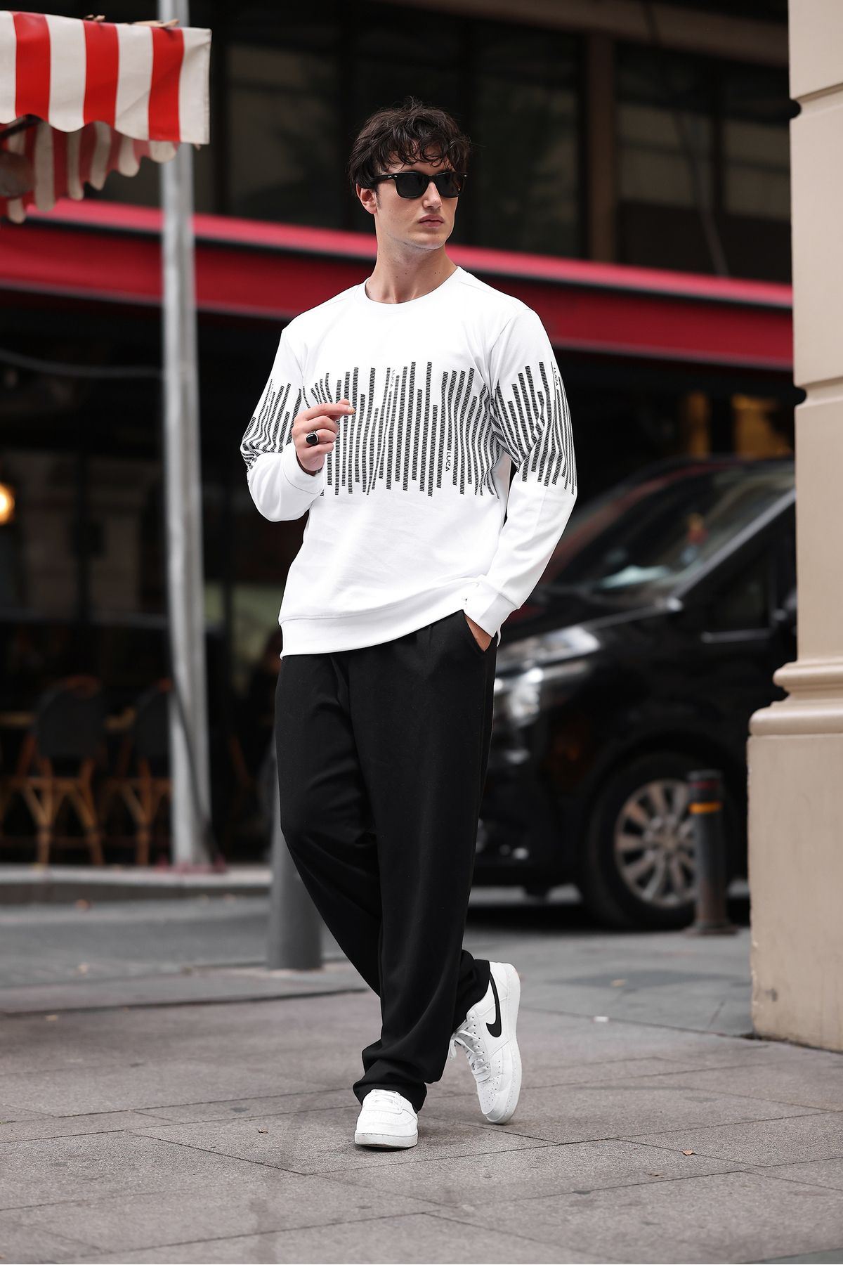 Erkek Bisiklet Yaka Baskılı Sweatshirt