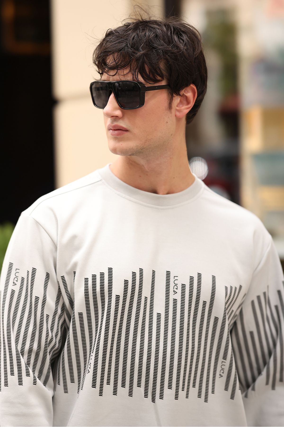 Erkek Bisiklet Yaka Baskılı Sweatshirt