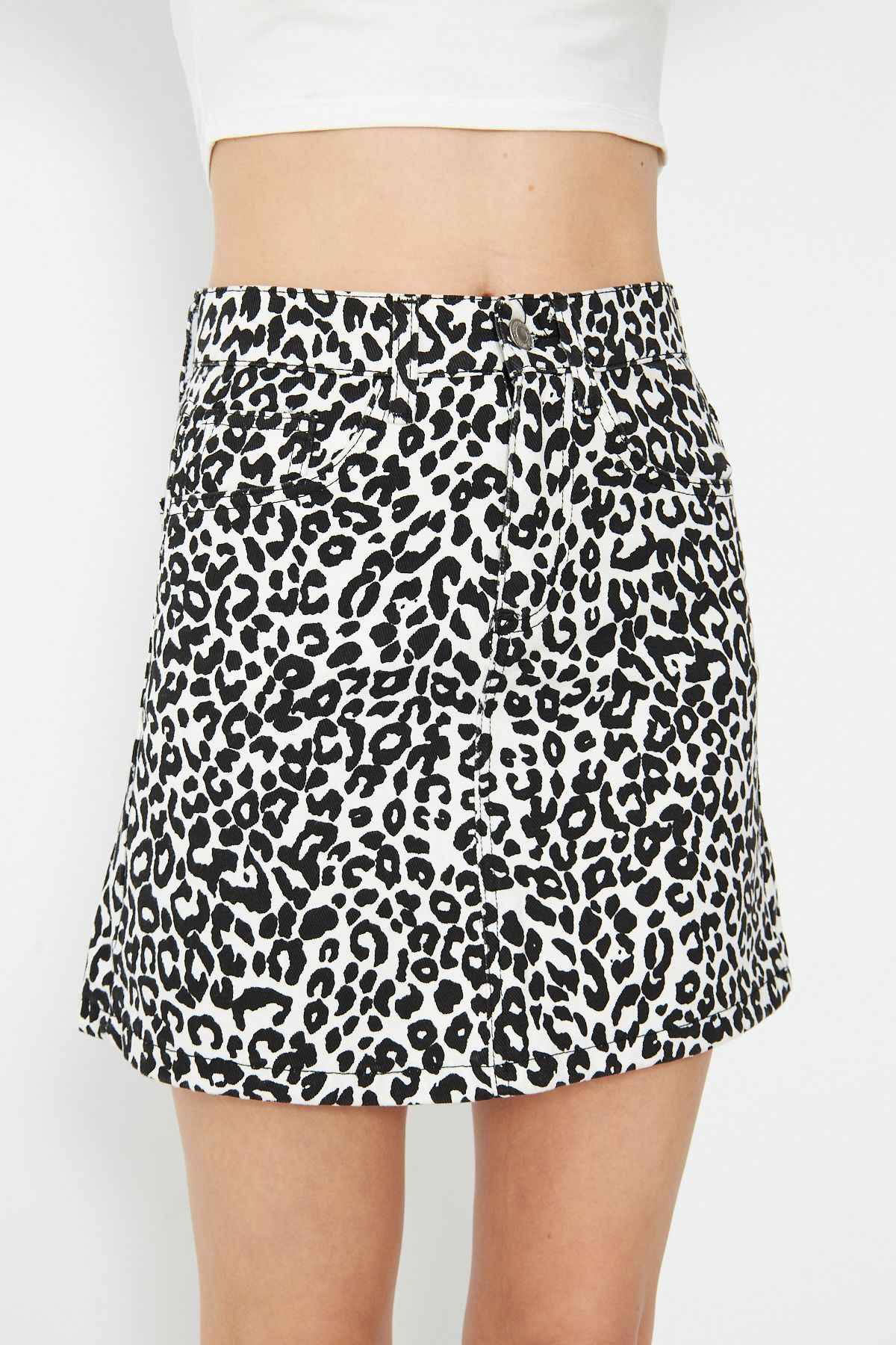 Kadın Leopar Desenli Mini Kot Etek