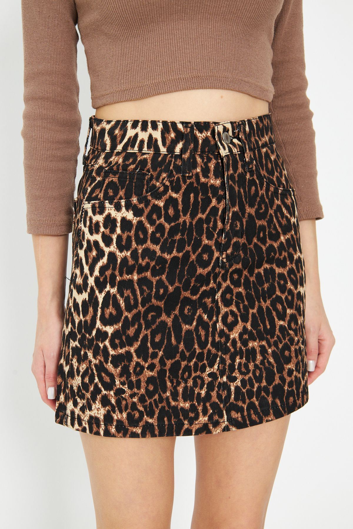 Kadın Leopar Desenli Mini Kot Etek