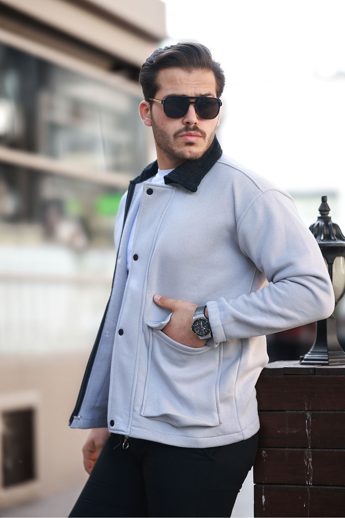 Erkek Oversize Günlük Trend Kadife Yaka Gri Ceket