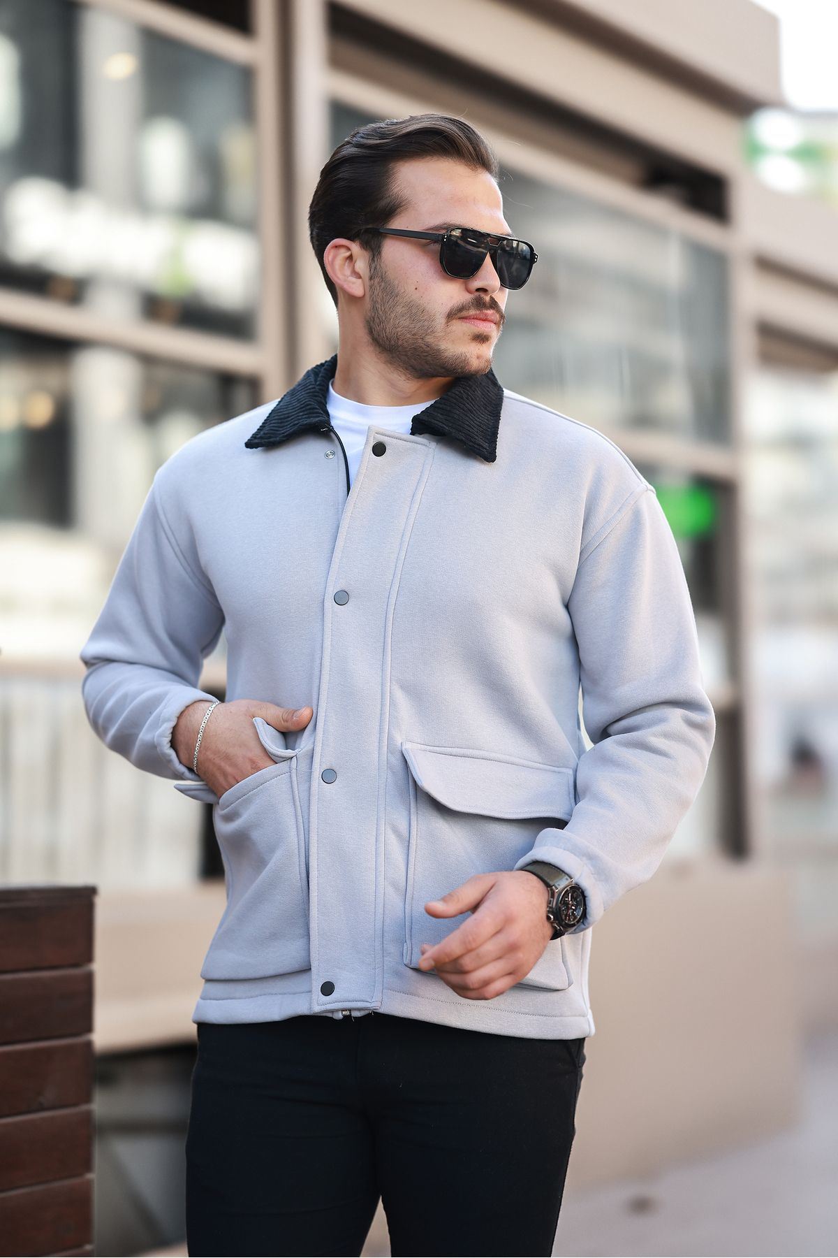 Erkek Oversize Günlük Trend Kadife Yaka Gri Ceket