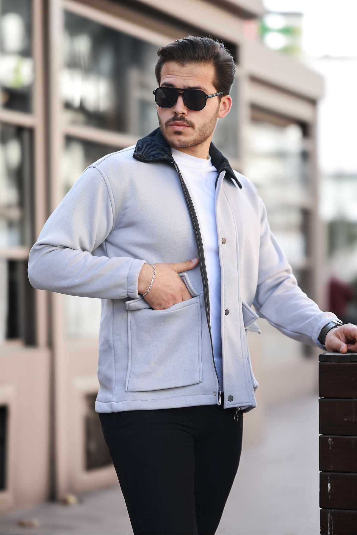 Erkek Oversize Günlük Trend Kadife Yaka Gri Ceket