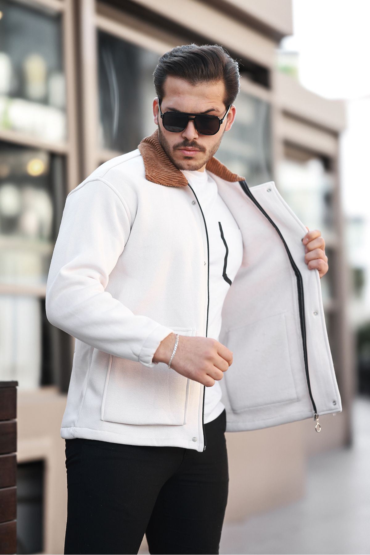 Erkek Oversize Günlük Trend Kadife Yaka Ekru Ceket