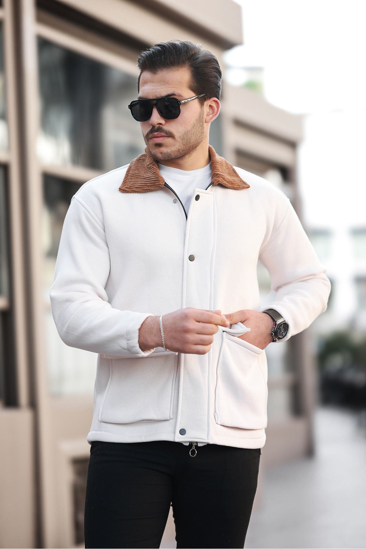 Erkek Oversize Günlük Trend Kadife Yaka Ekru Ceket