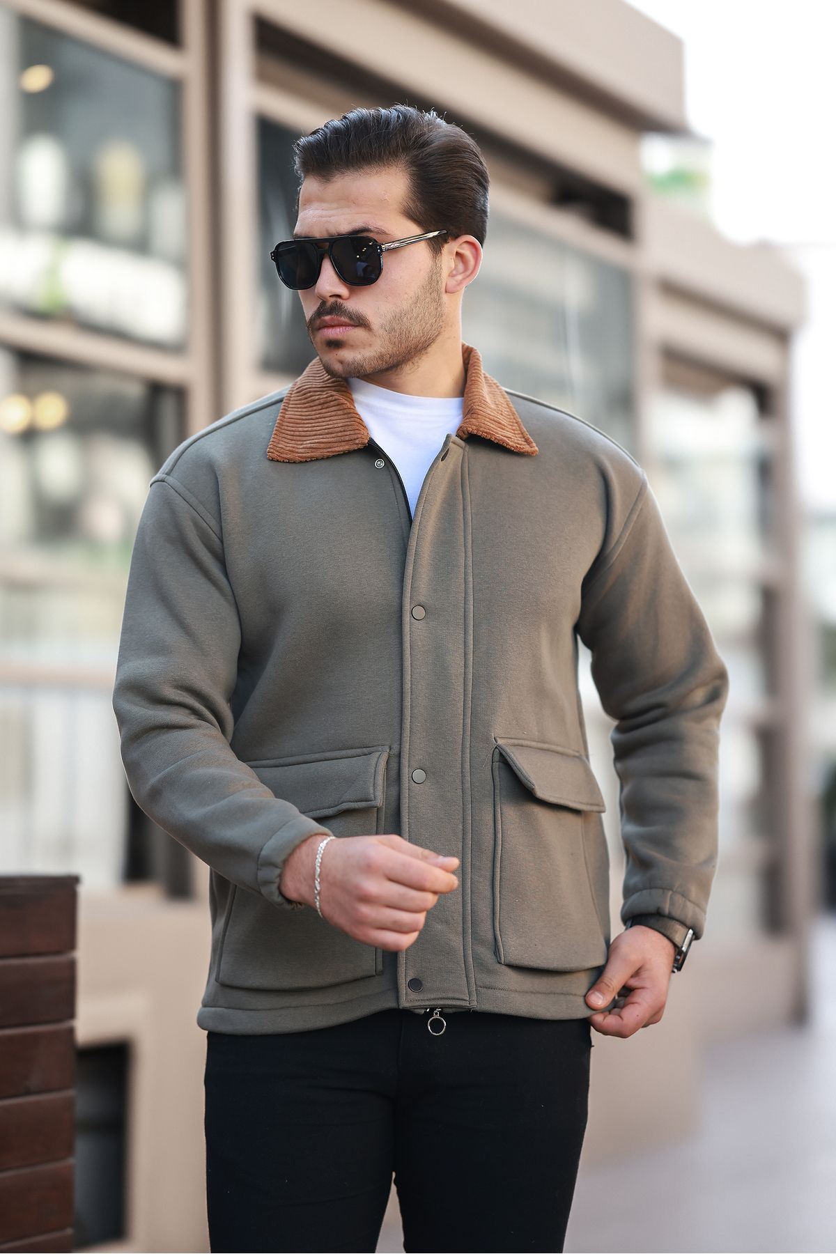 Erkek Oversize Günlük Trend Kadife Yaka Haki Ceket