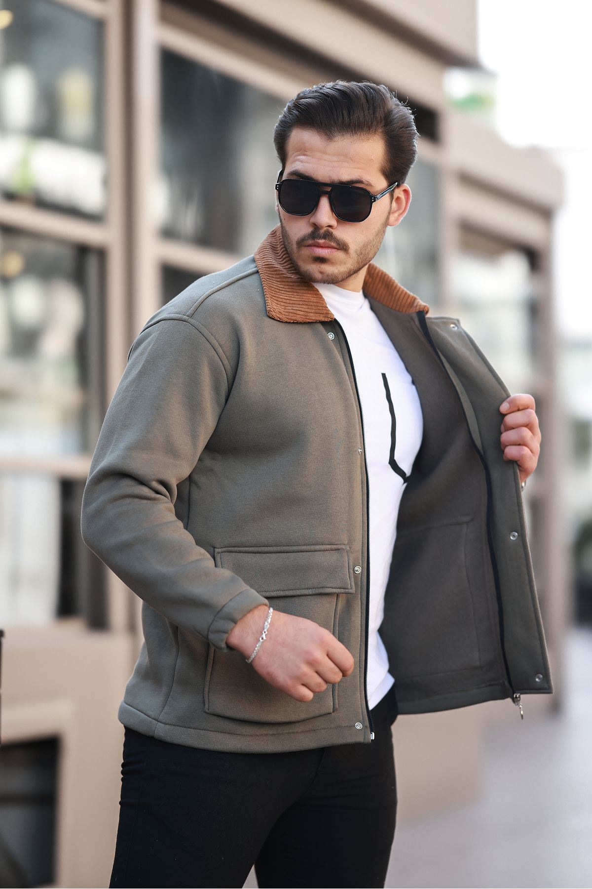 Erkek Oversize Günlük Trend Kadife Yaka Haki Ceket