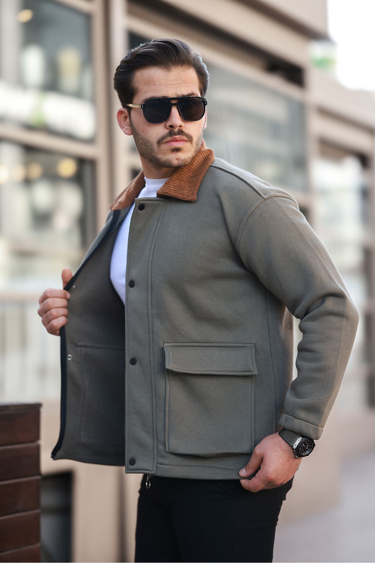 Erkek Oversize Günlük Trend Kadife Yaka Haki Ceket