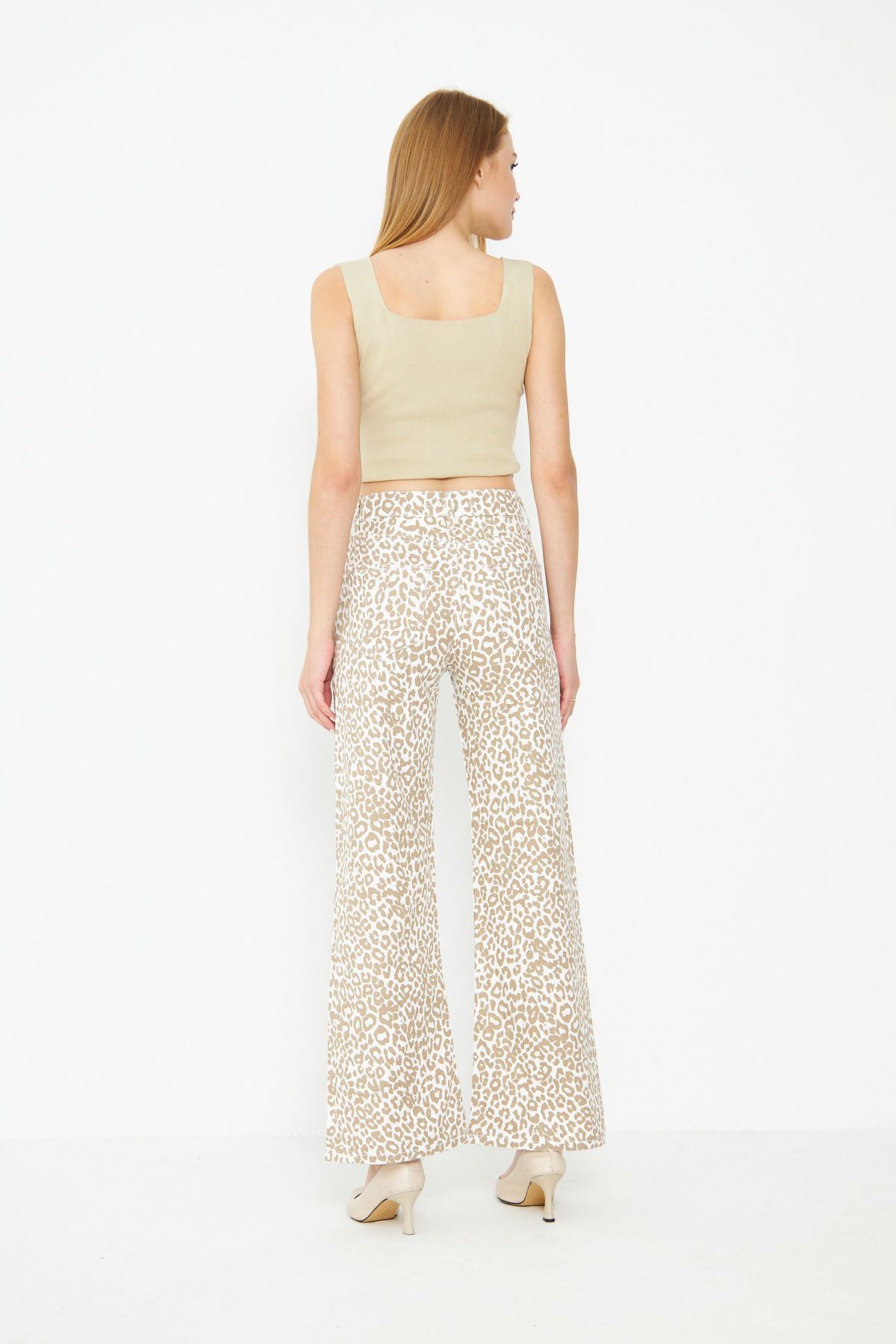 Kadın Leopar Desenli Yüksel Bel Geniş Paça Palazzo Pantolon