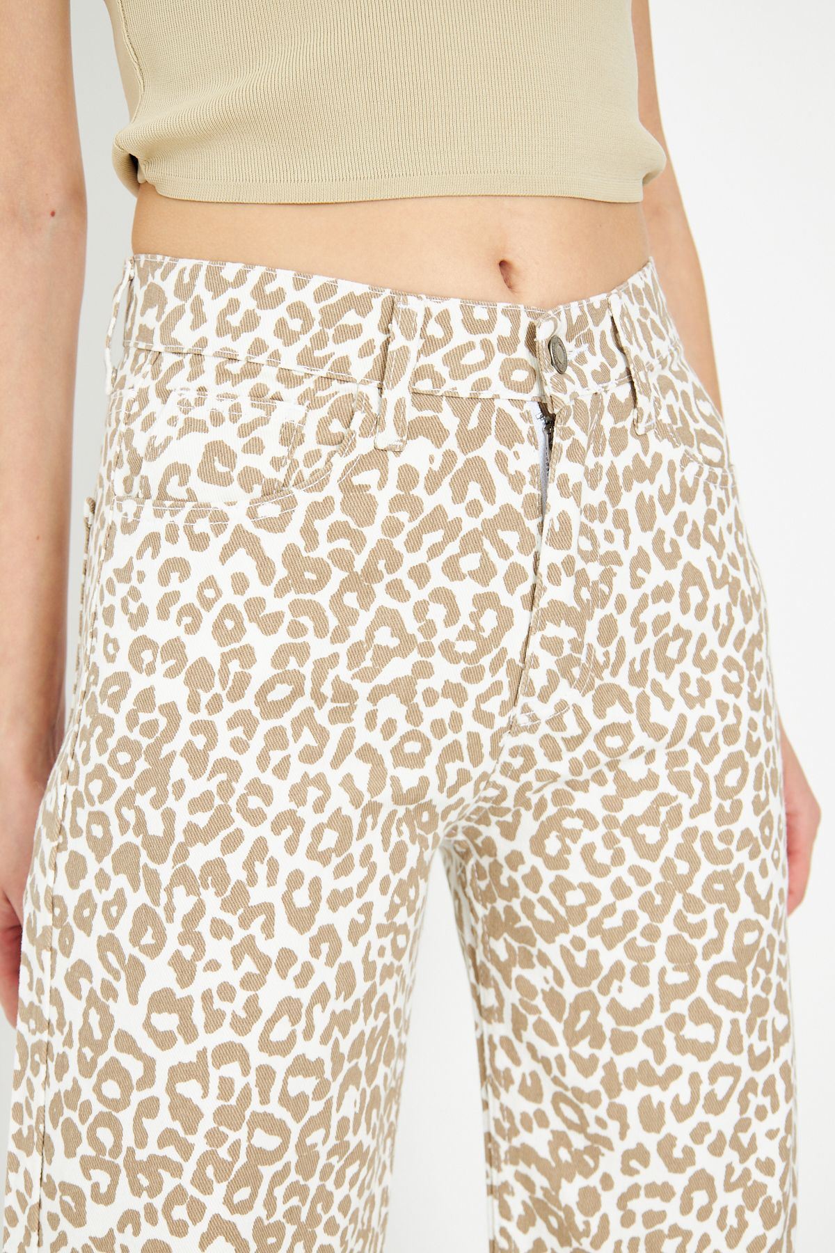 Kadın Leopar Desenli Yüksel Bel Geniş Paça Palazzo Pantolon