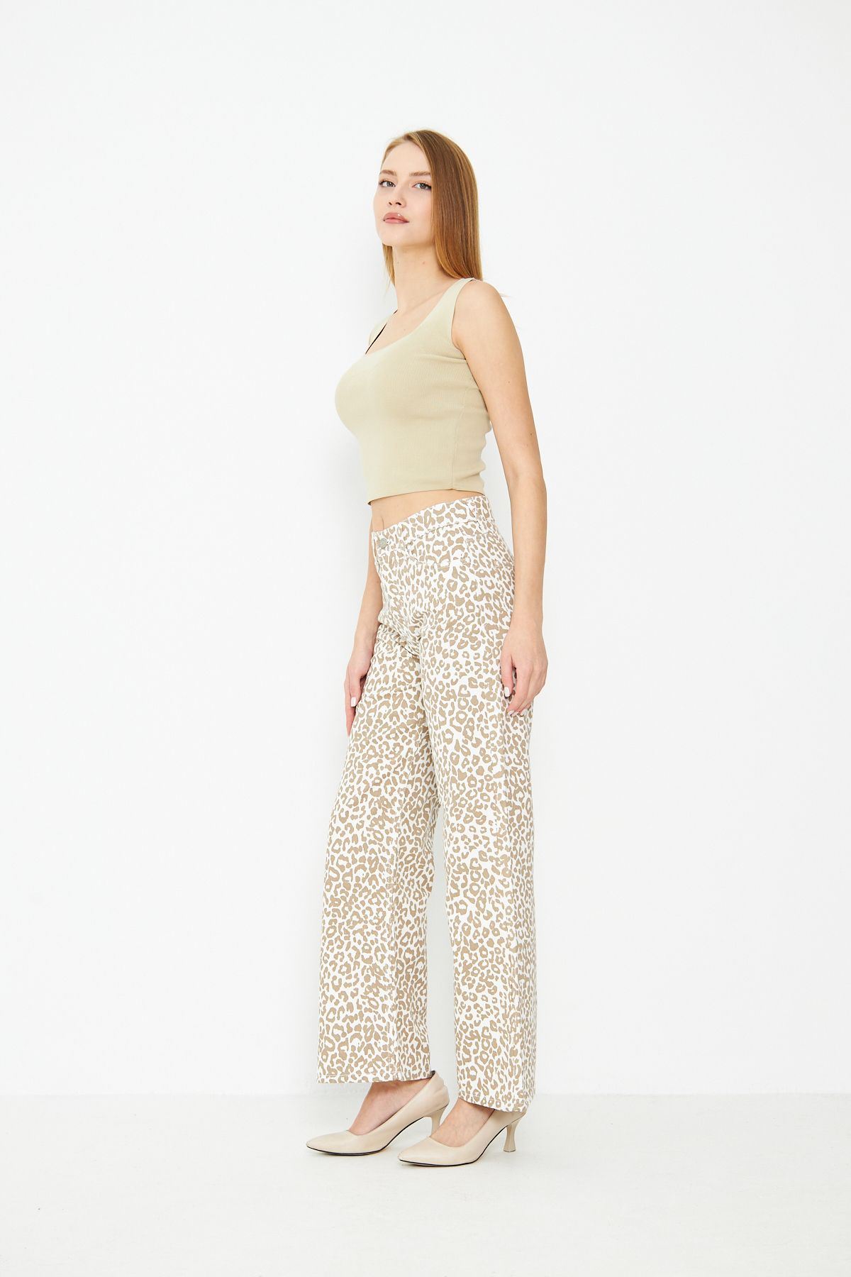 Kadın Leopar Desenli Yüksel Bel Geniş Paça Palazzo Pantolon