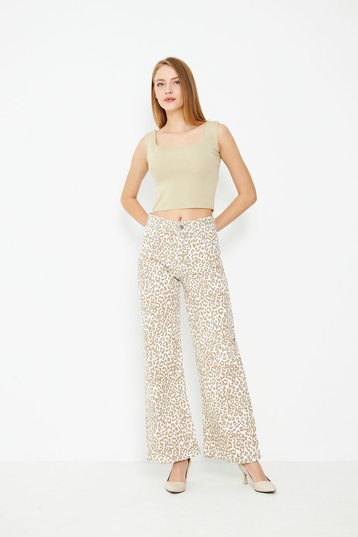 Kadın Leopar Desenli Yüksel Bel Geniş Paça Palazzo Pantolon