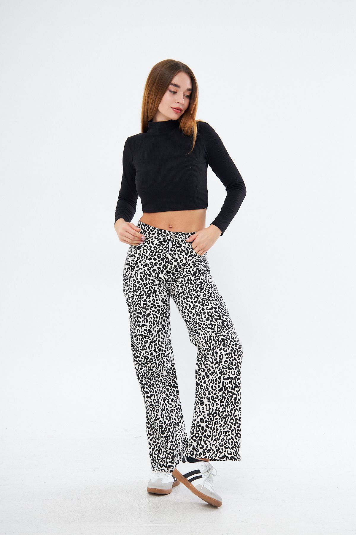 Kadın Leopar Desenli Yüksel Bel Geniş Paça Palazzo Pantolon