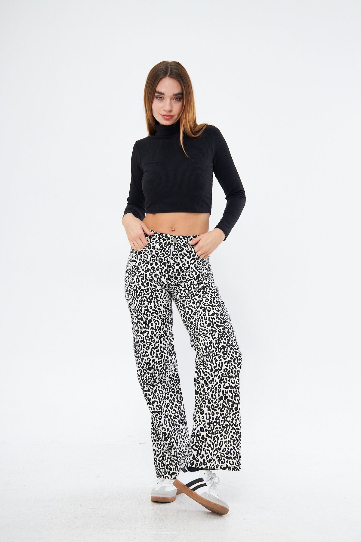 Kadın Leopar Desenli Yüksel Bel Geniş Paça Palazzo Pantolon