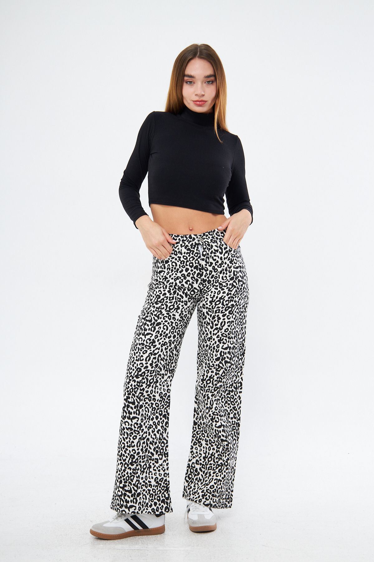 Kadın Leopar Desenli Yüksel Bel Geniş Paça Palazzo Pantolon