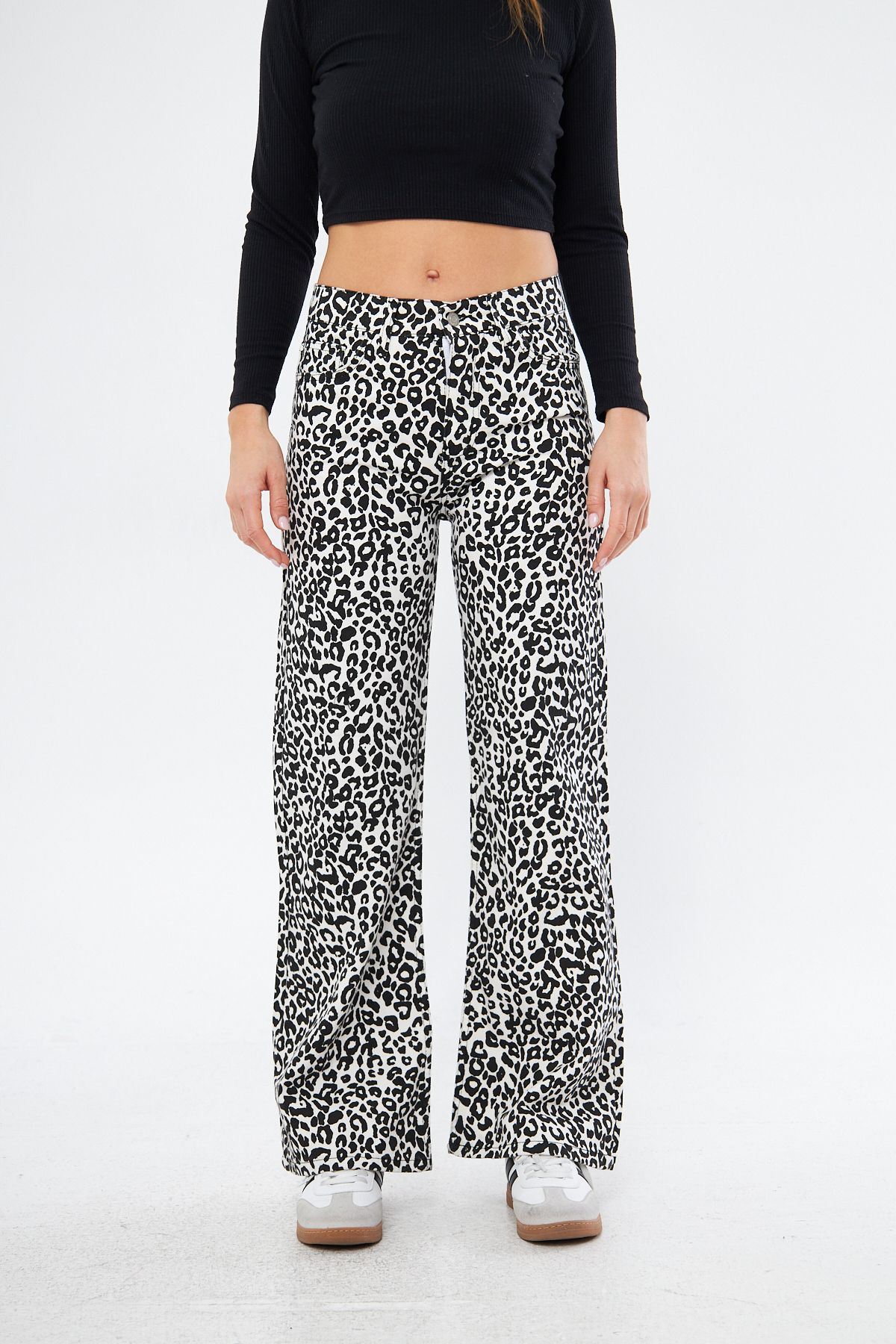 Kadın Leopar Desenli Yüksel Bel Geniş Paça Palazzo Pantolon