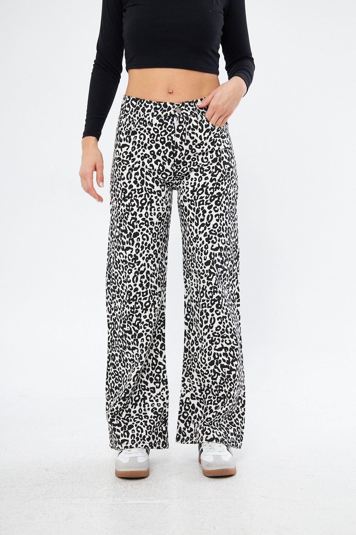 Kadın Leopar Desenli Yüksel Bel Geniş Paça Palazzo Pantolon