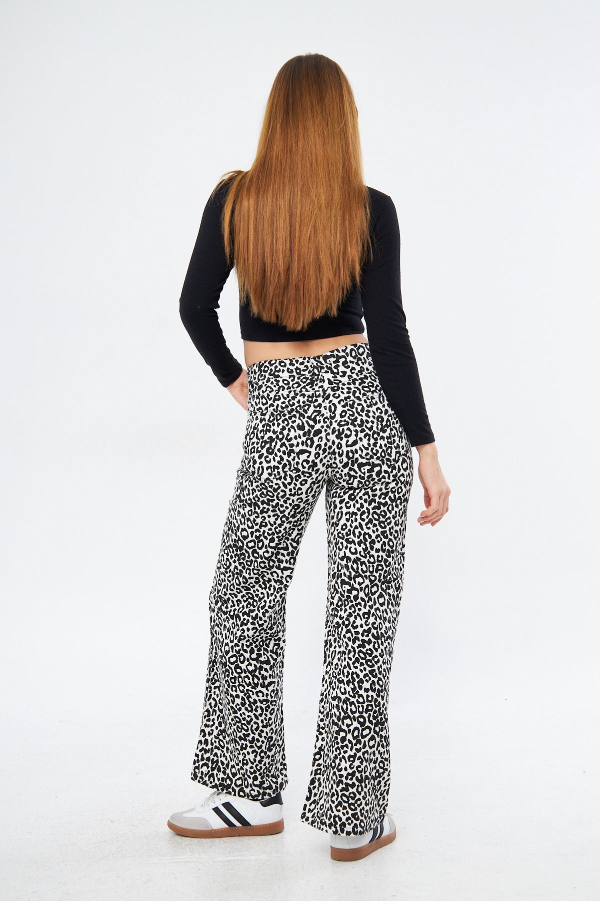 Kadın Leopar Desenli Yüksel Bel Geniş Paça Palazzo Pantolon