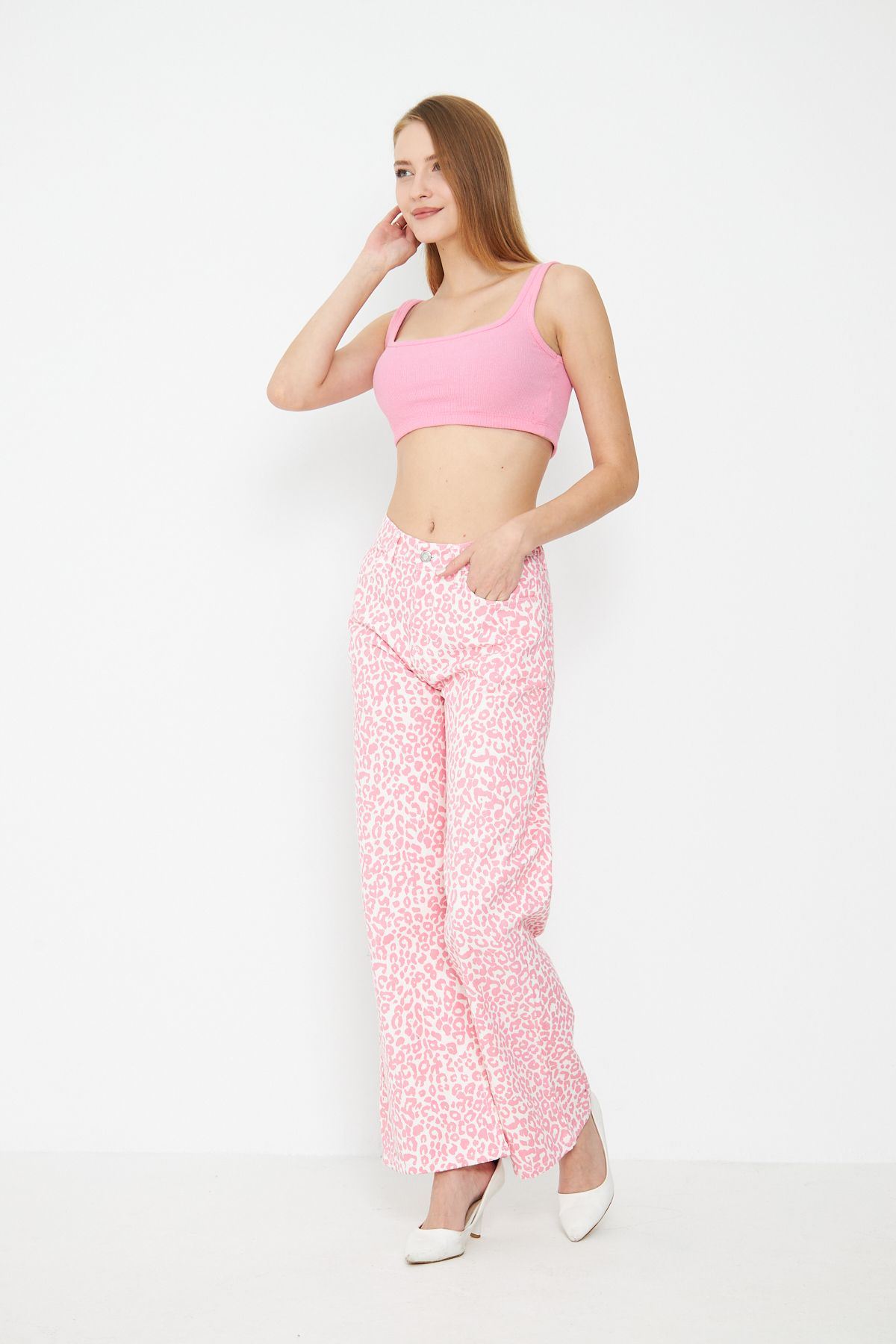 Kadın Leopar Desenli Yüksel Bel Geniş Paça Palazzo Pantolon