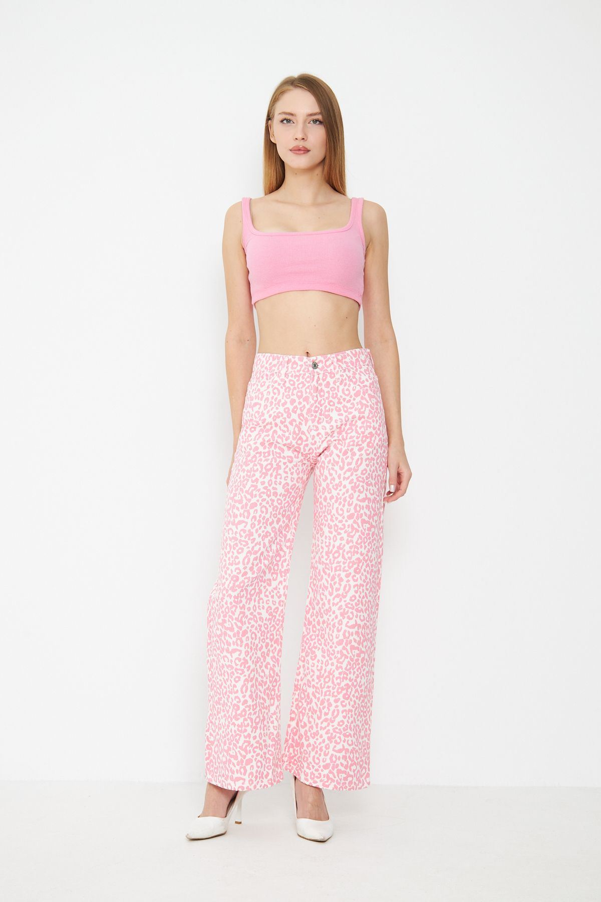 Kadın Leopar Desenli Yüksel Bel Geniş Paça Palazzo Pantolon