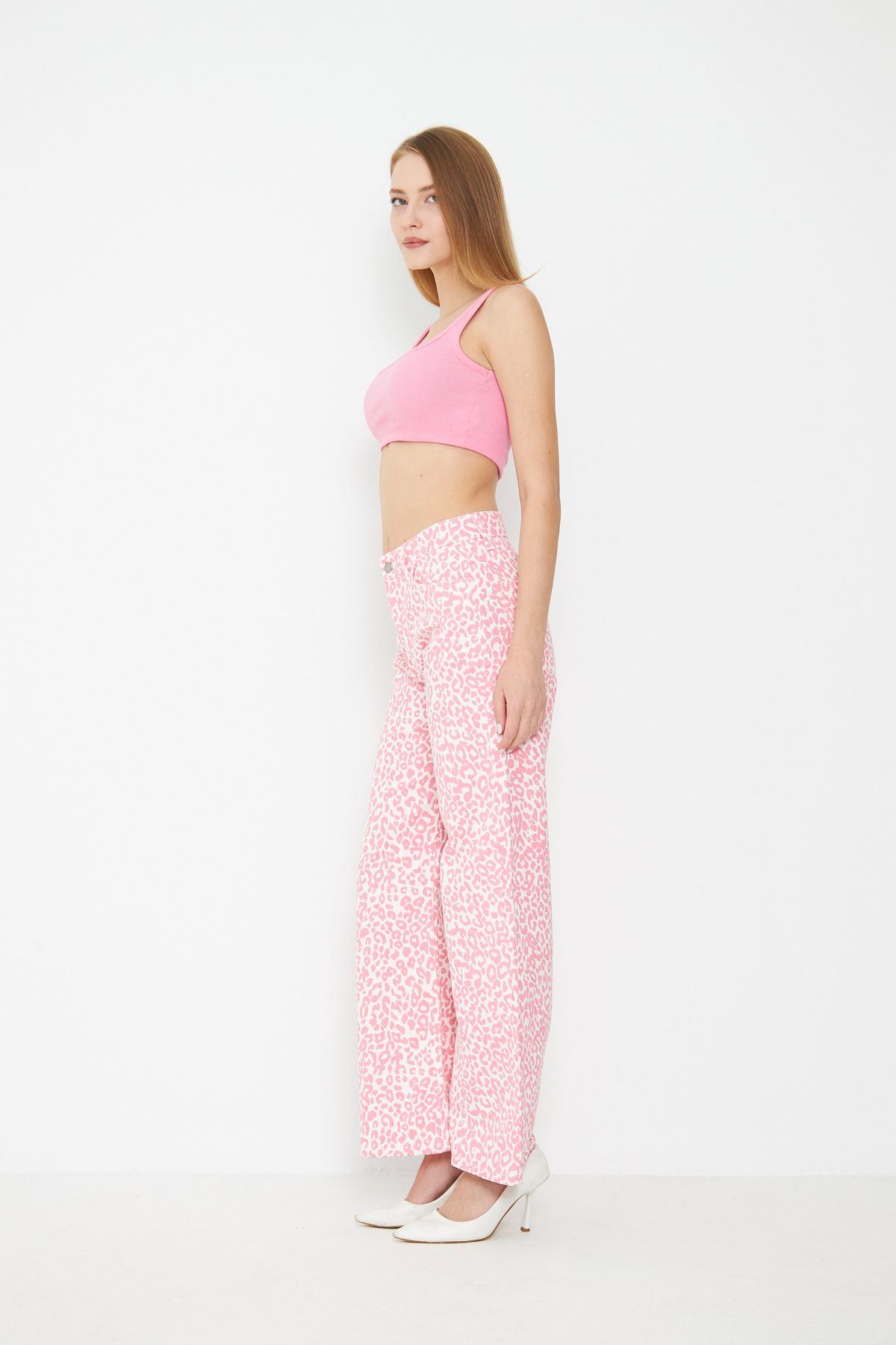 Kadın Leopar Desenli Yüksel Bel Geniş Paça Palazzo Pantolon