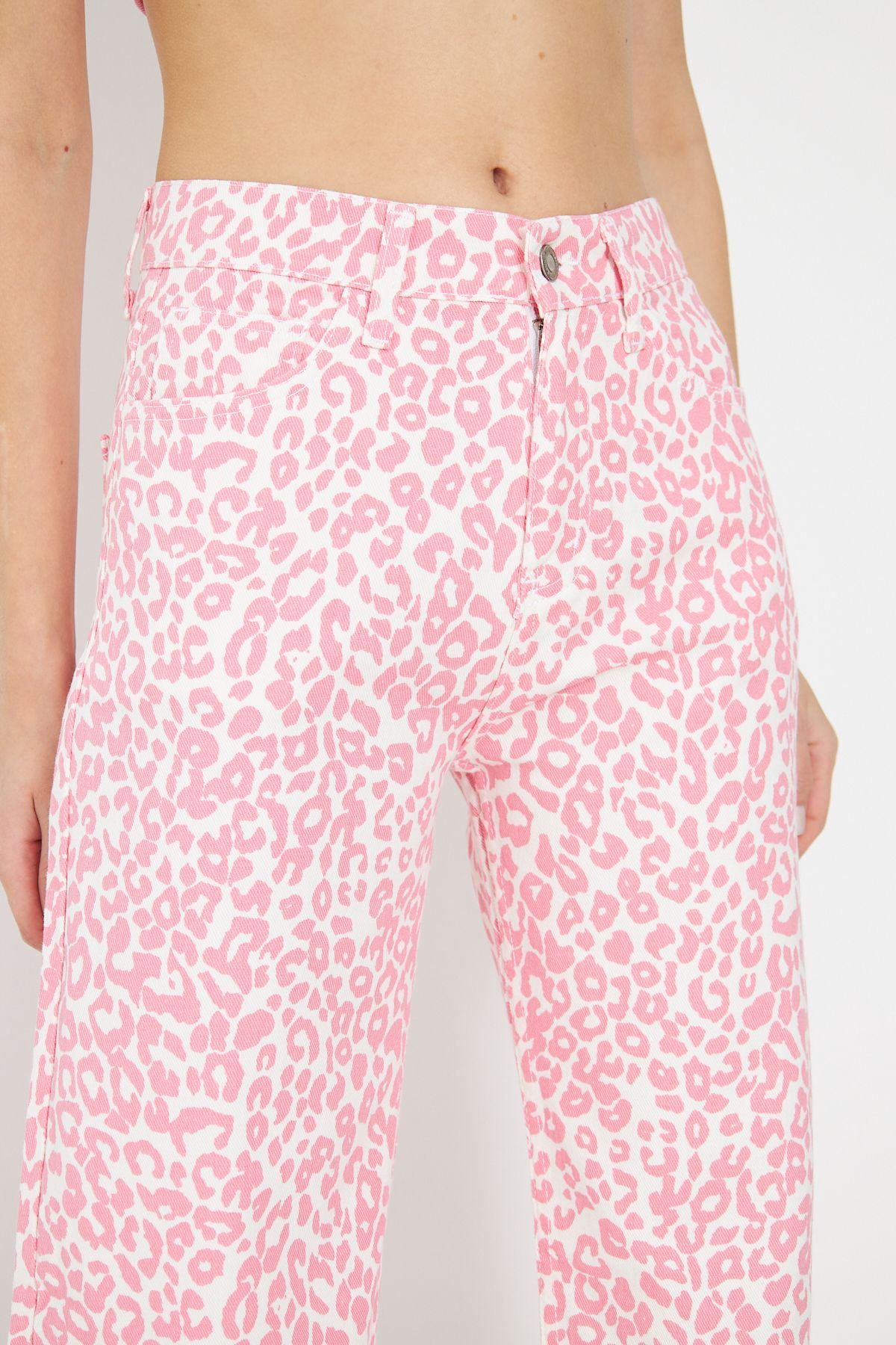 Kadın Leopar Desenli Yüksel Bel Geniş Paça Palazzo Pantolon