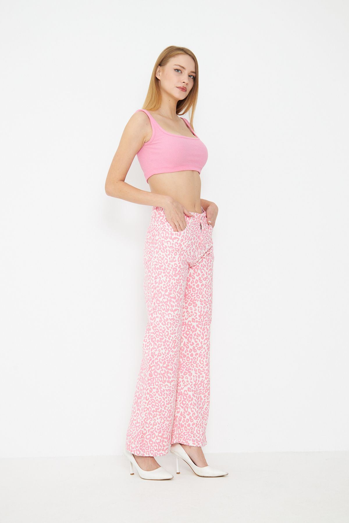 Kadın Leopar Desenli Yüksel Bel Geniş Paça Palazzo Pantolon