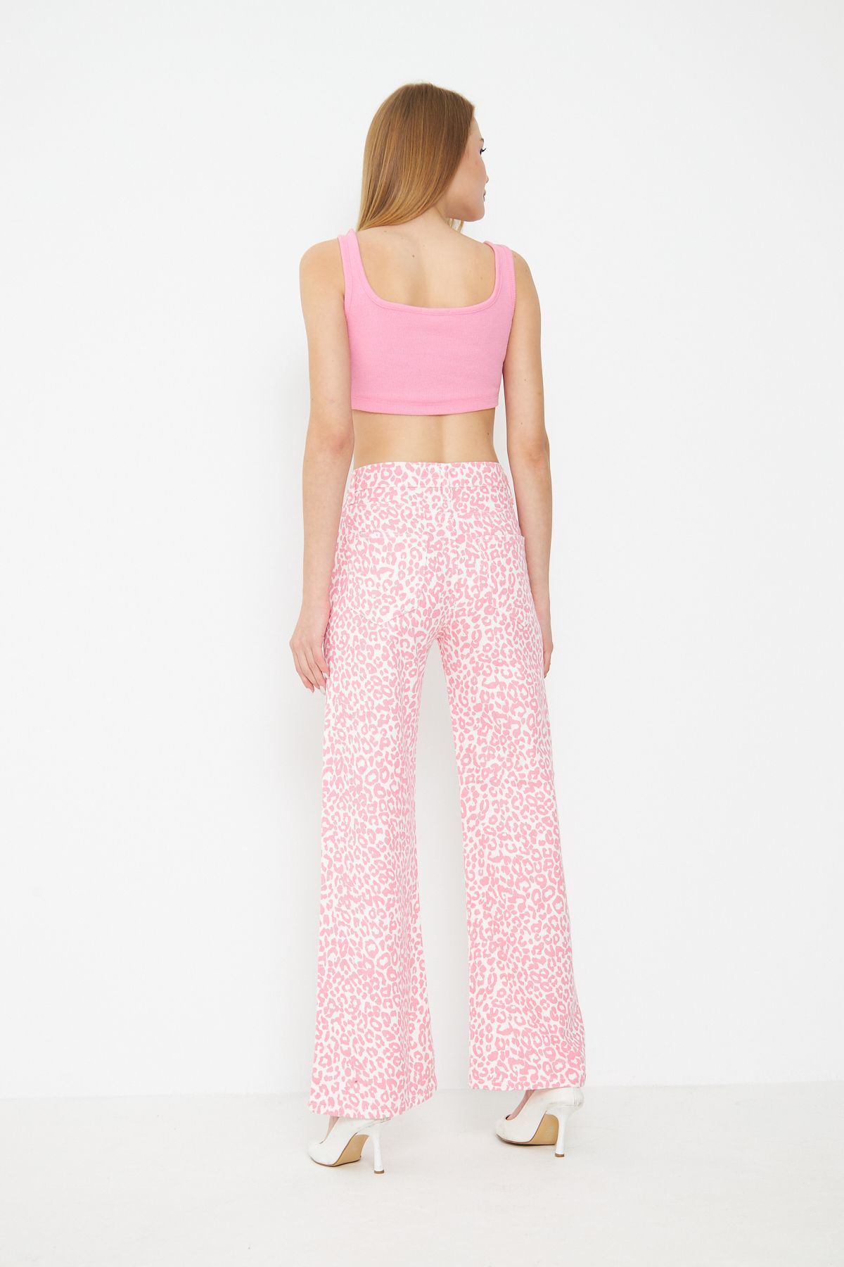 Kadın Leopar Desenli Yüksel Bel Geniş Paça Palazzo Pantolon