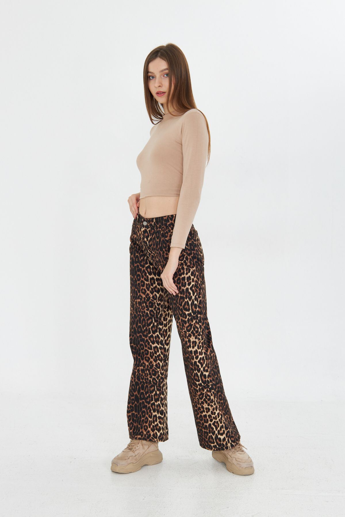 Kadın Leopar Desenli Yüksel Bel Geniş Paça Palazzo Pantolon