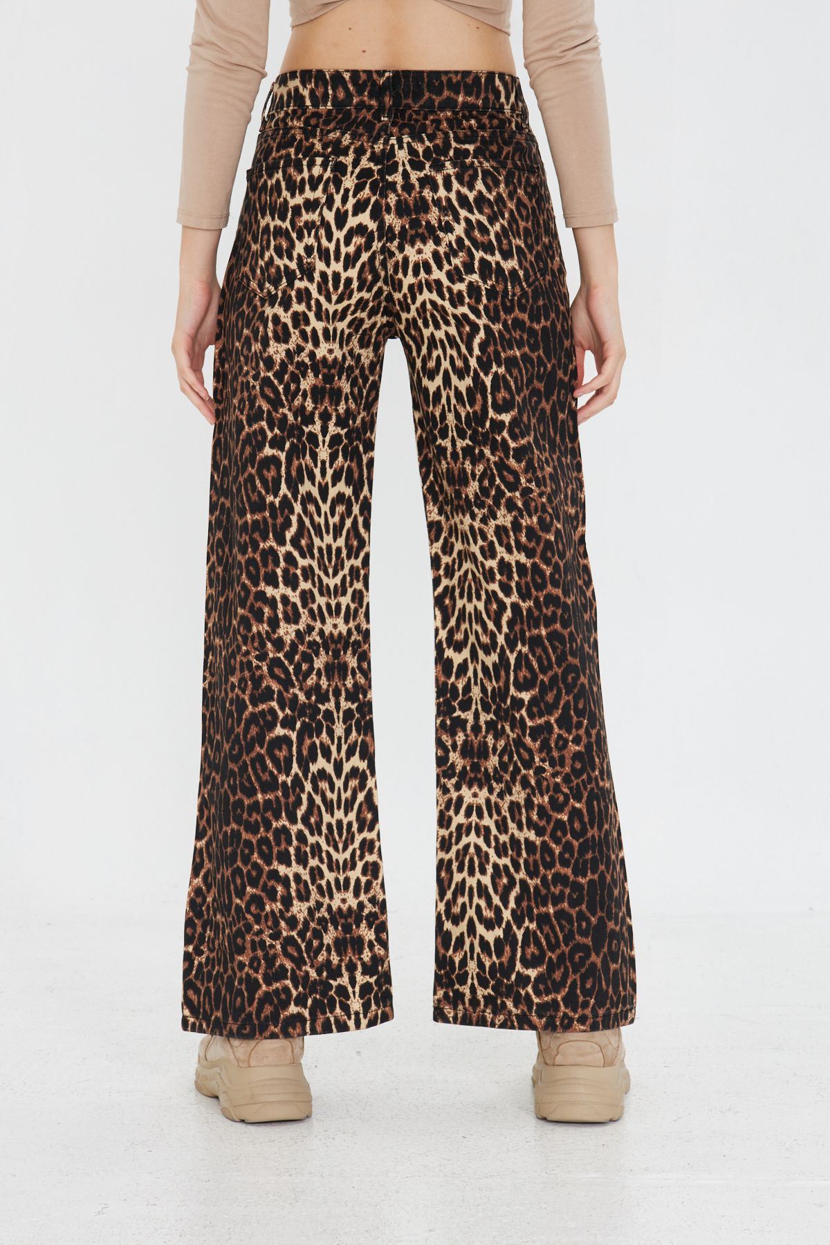 Kadın Leopar Desenli Yüksel Bel Geniş Paça Palazzo Pantolon