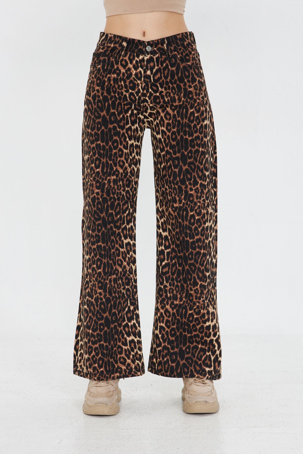 Kadın Leopar Desenli Yüksel Bel Geniş Paça Palazzo Pantolon