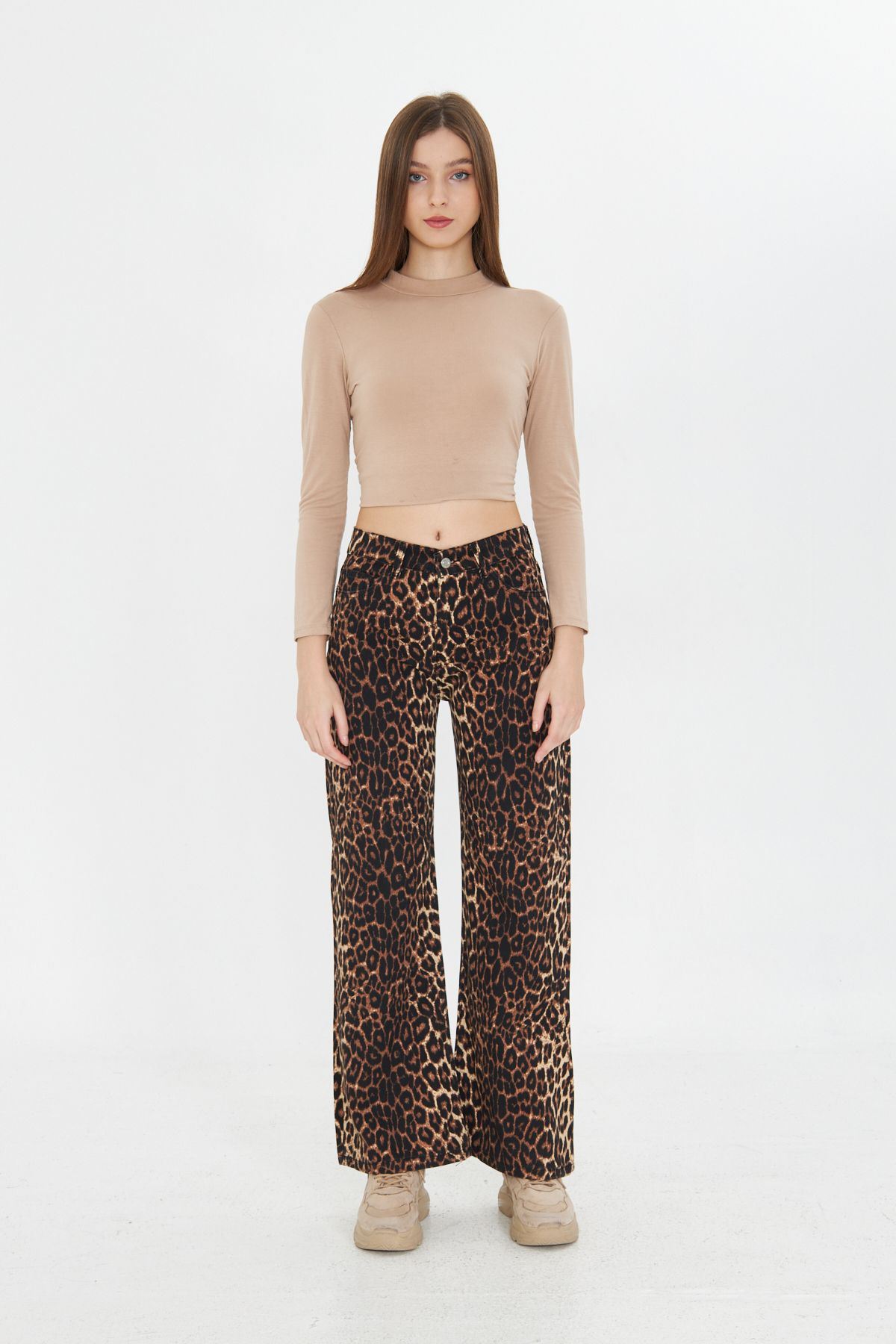 Kadın Leopar Desenli Yüksel Bel Geniş Paça Palazzo Pantolon