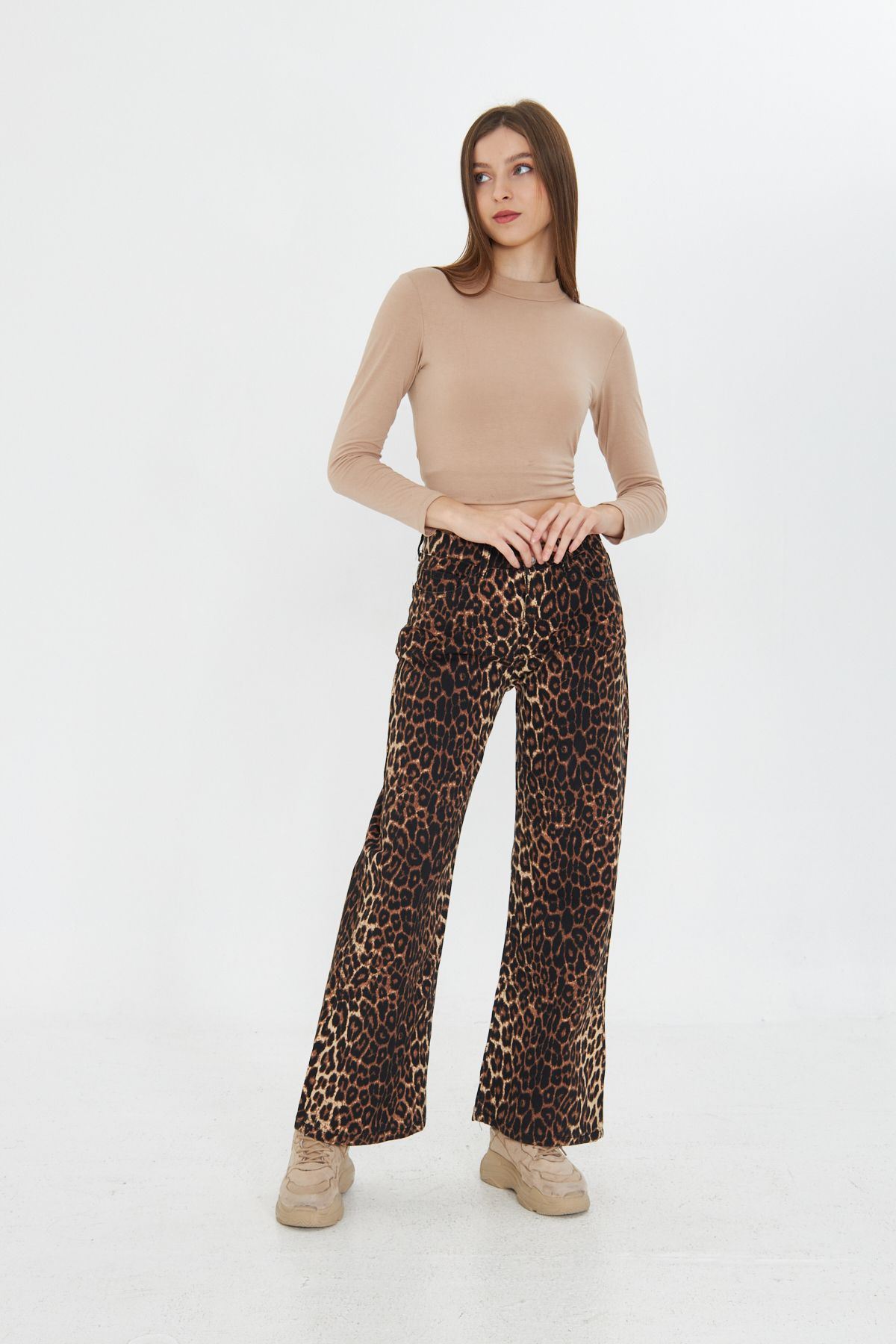 Kadın Leopar Desenli Yüksel Bel Geniş Paça Palazzo Pantolon