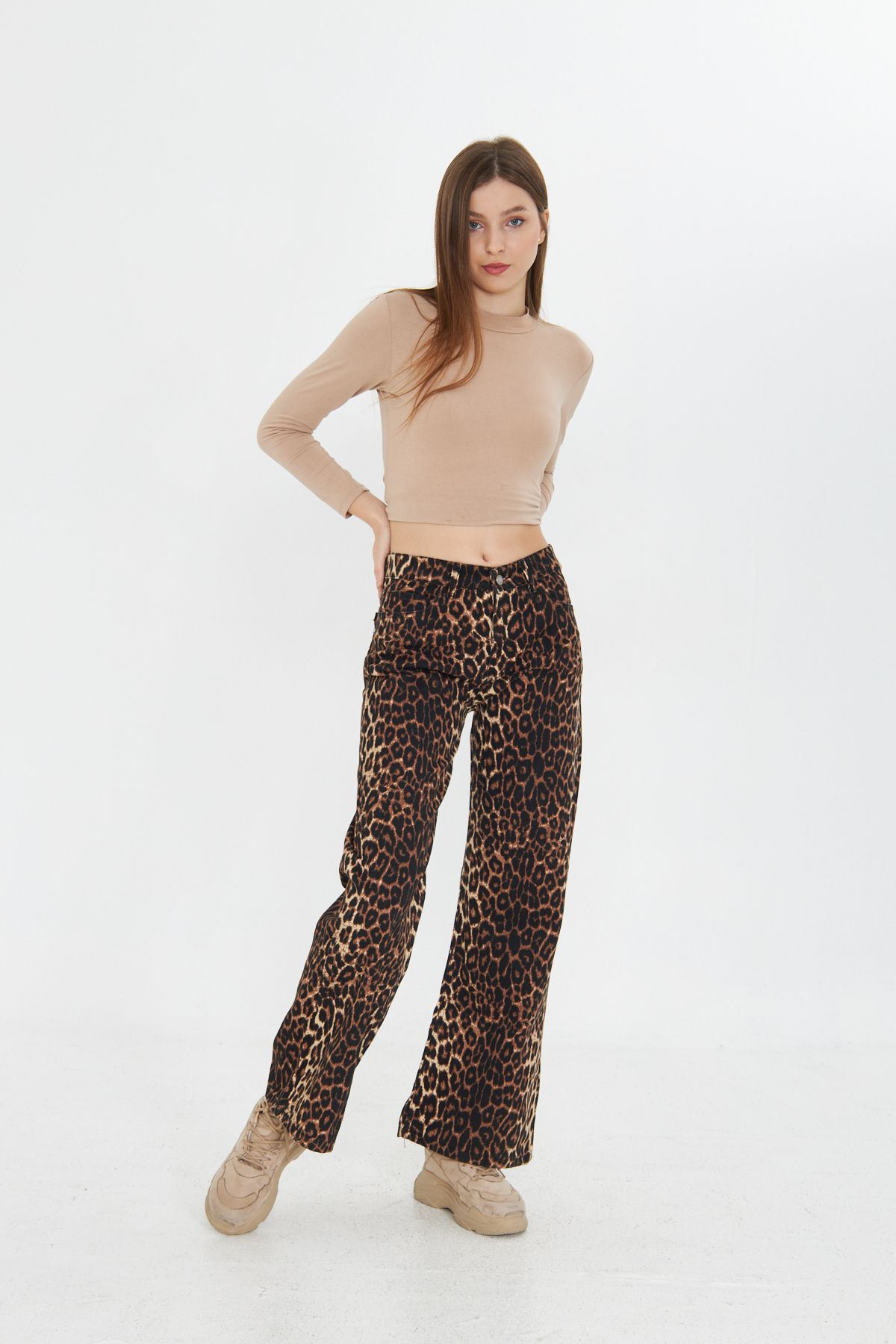 Kadın Leopar Desenli Yüksel Bel Geniş Paça Palazzo Pantolon