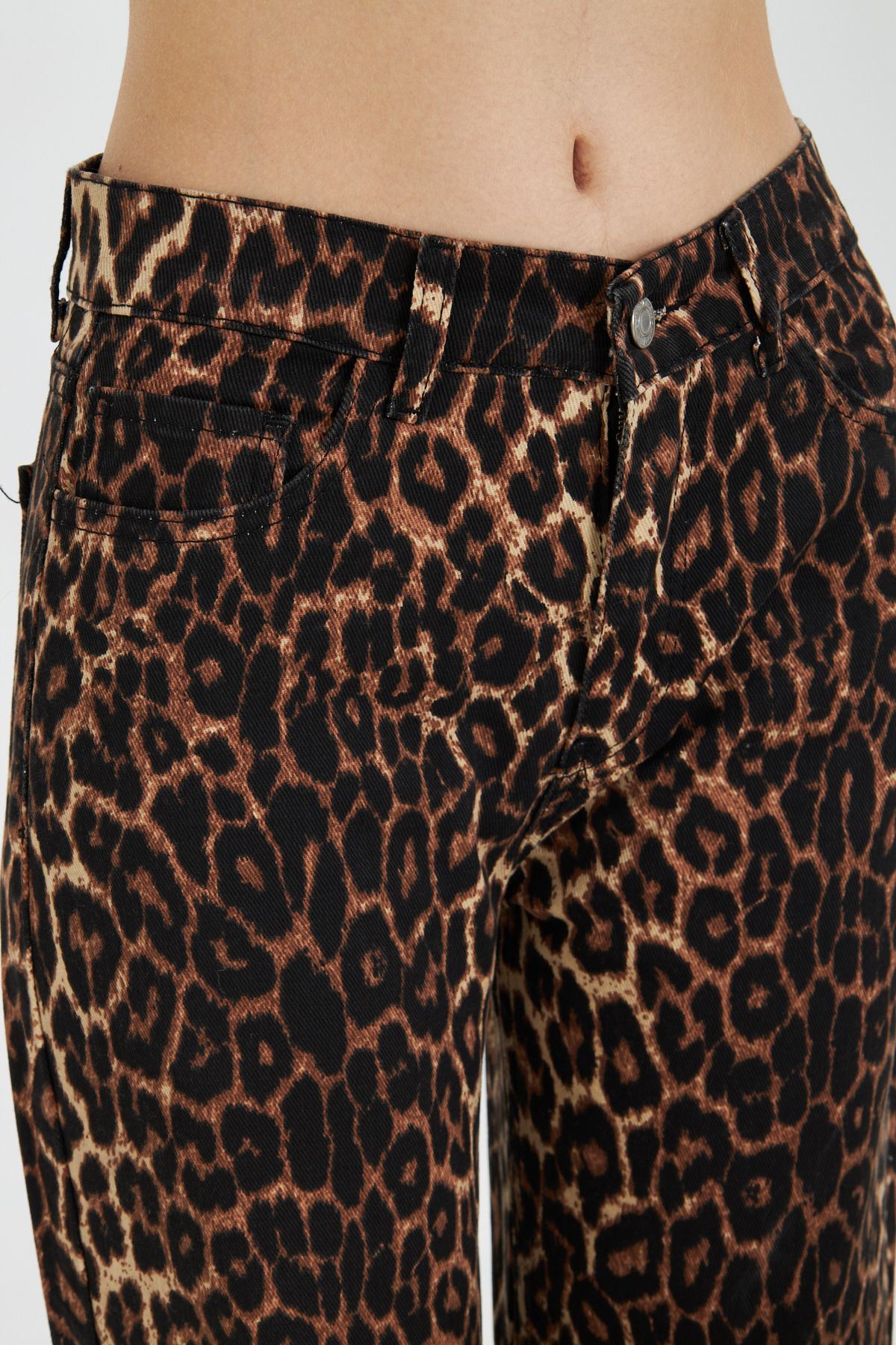 Kadın Leopar Desenli Yüksel Bel Geniş Paça Palazzo Pantolon