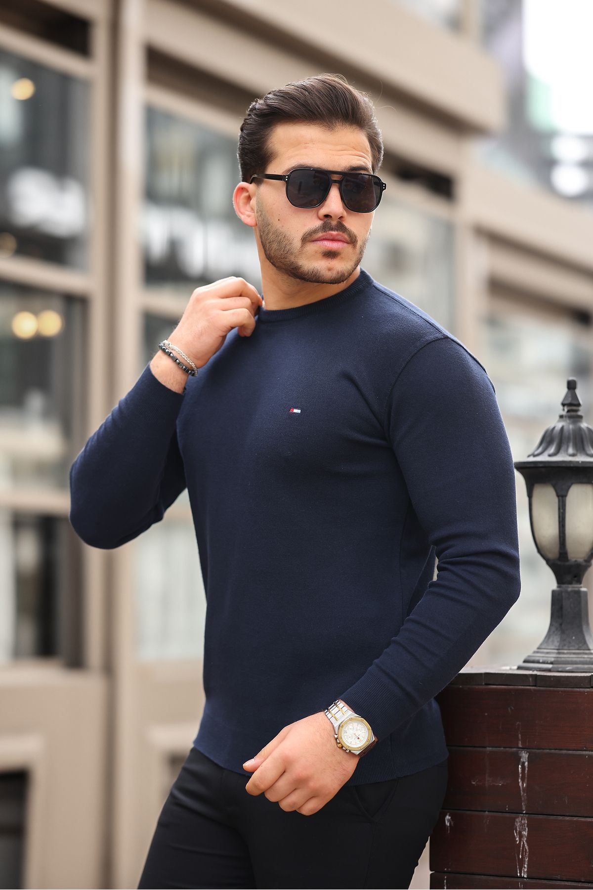 Erkek Trend Bisiklet Yaka Pamuklu Lacivert Triko Kazak