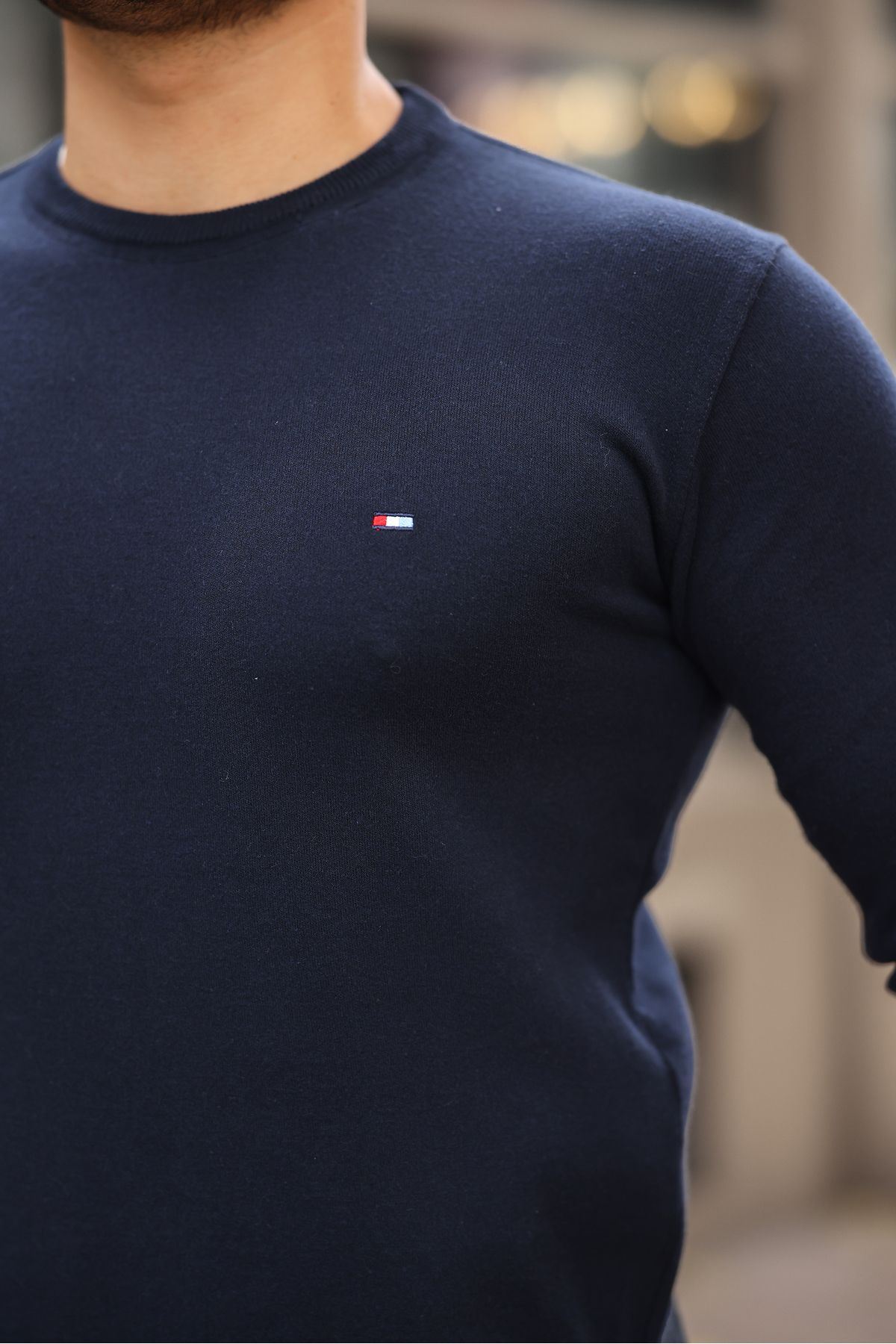 Erkek Trend Bisiklet Yaka Pamuklu Lacivert Triko Kazak