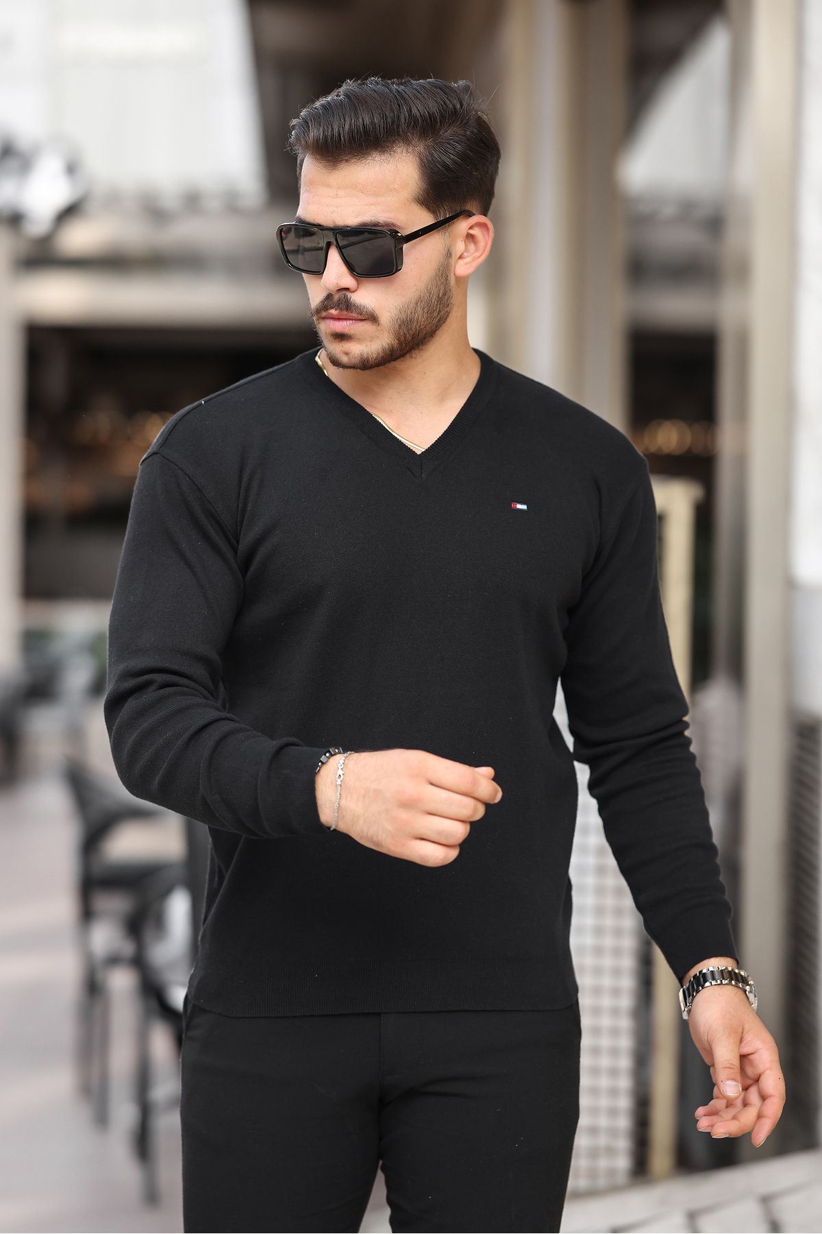 Erkek Trend V Yaka Günlük Siyah Triko Kazak