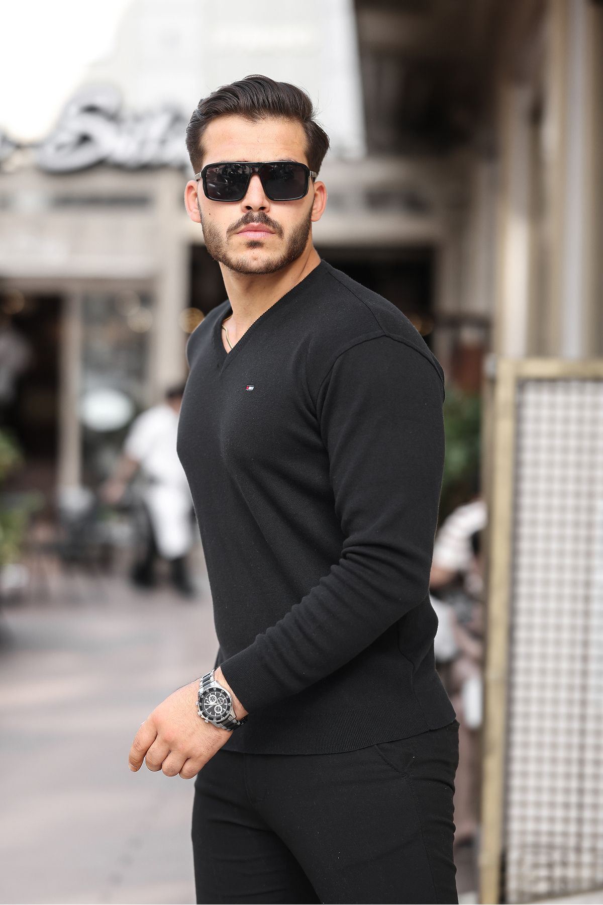 Erkek Trend V Yaka Günlük Siyah Triko Kazak