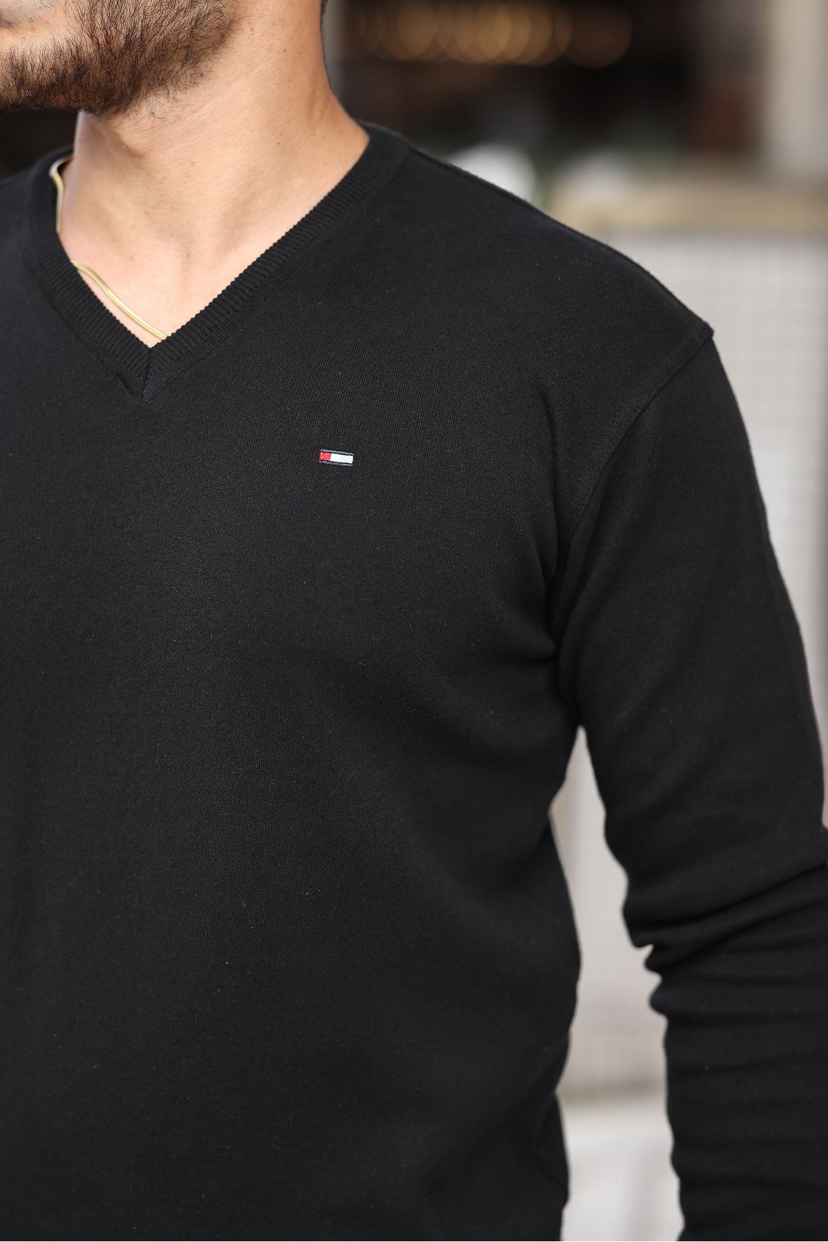 Erkek Trend V Yaka Günlük Siyah Triko Kazak