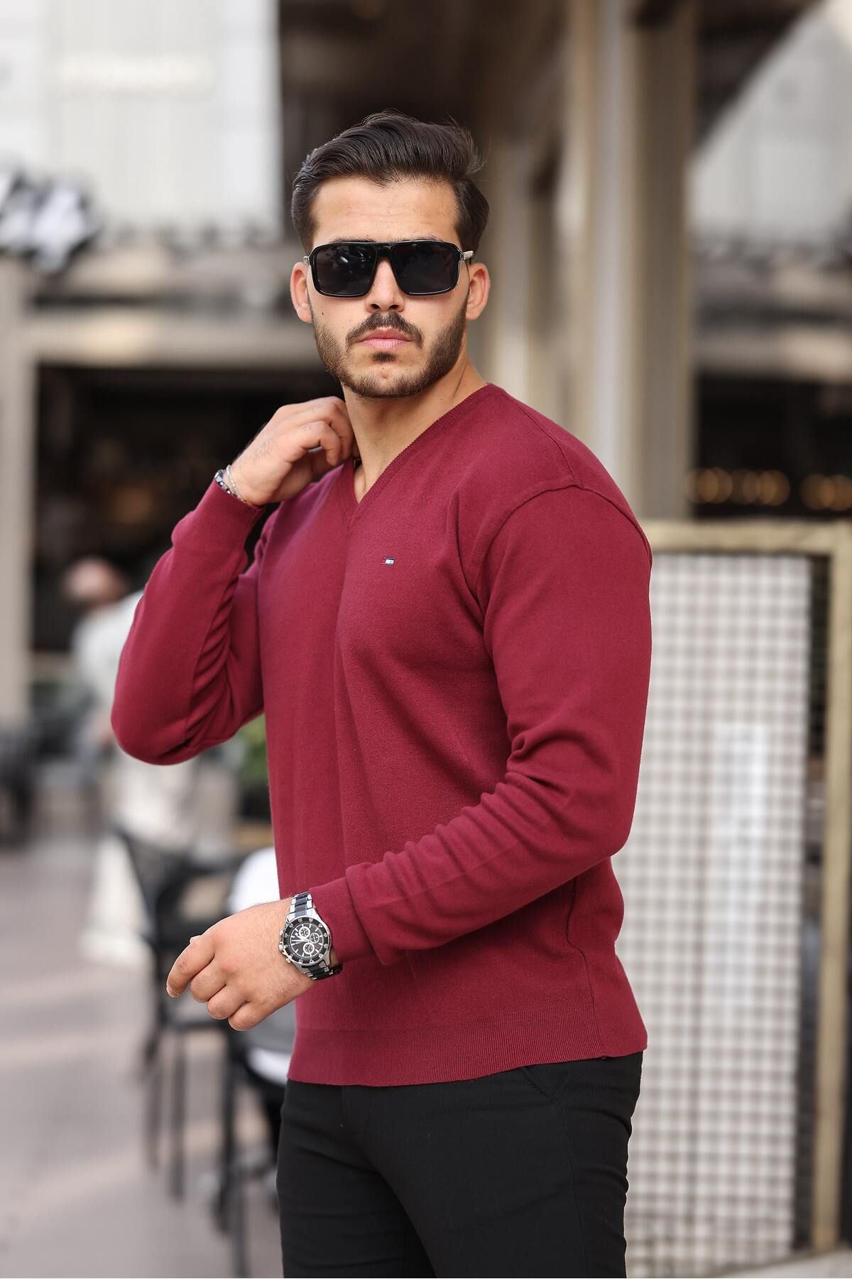 Erkek Trend V Yaka Günlük Kırmızı Triko Kazak