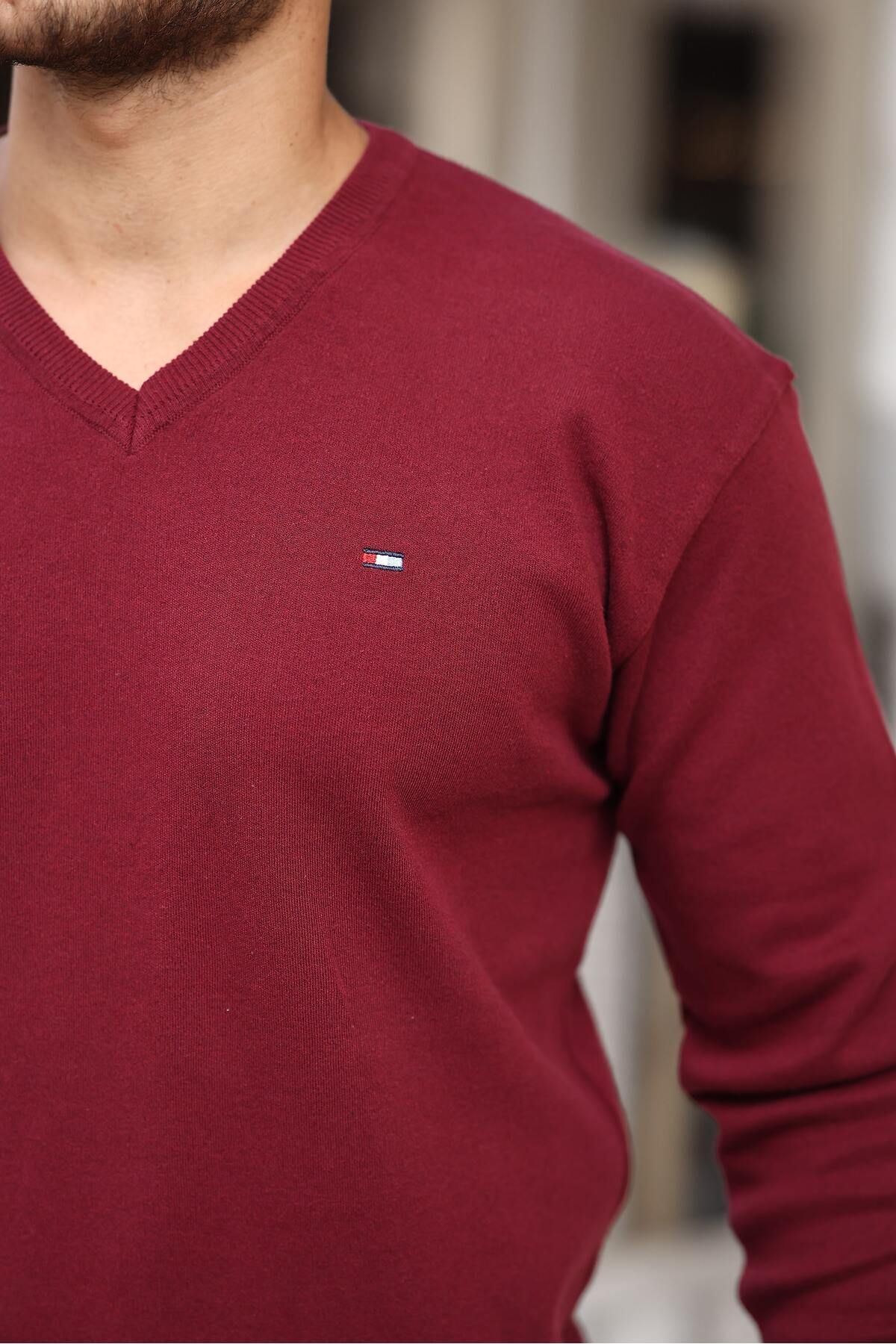 Erkek Trend V Yaka Günlük Kırmızı Triko Kazak