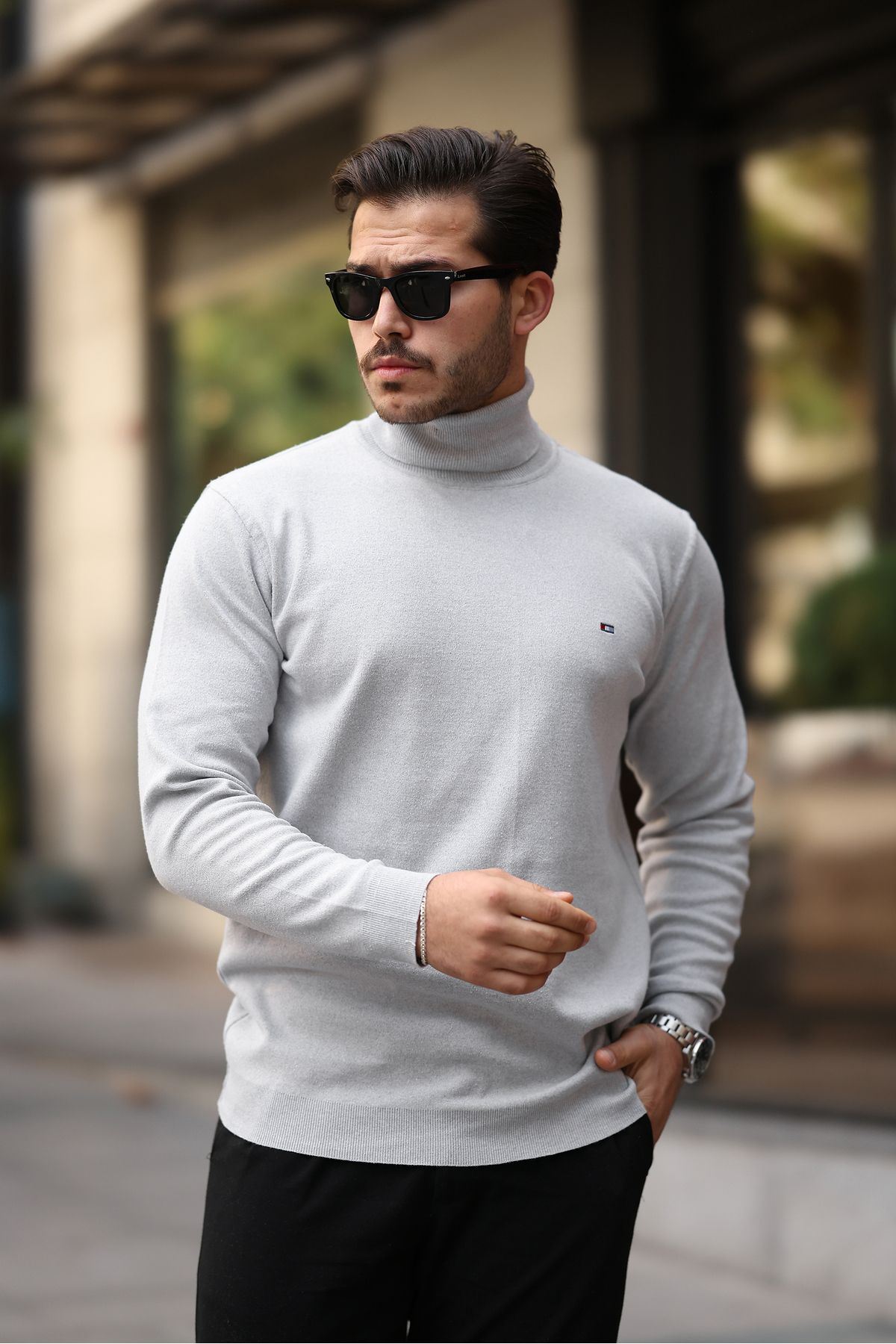 Erkek Trend Balıkçı Yaka Boğazlı Gri Triko Kazak